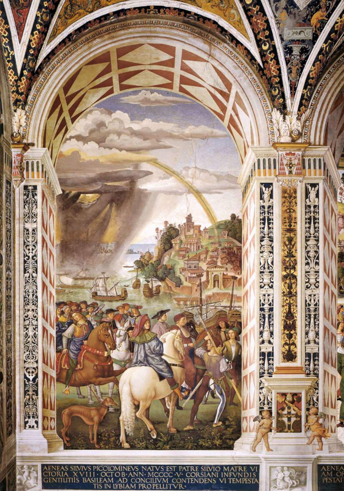 Bernardino Betti detto il Pinturicchio, Enea Silvio Piccolomini parte per il Concilio di Basilea (1502-1508; affresco; Siena, Libreria Piccolomini) Bernardino Betti detto il Pinturicchio, Enea Silvio Piccolomini parte per il Concilio di Basilea (1502-1508; affresco; Siena, Libreria Piccolomini)