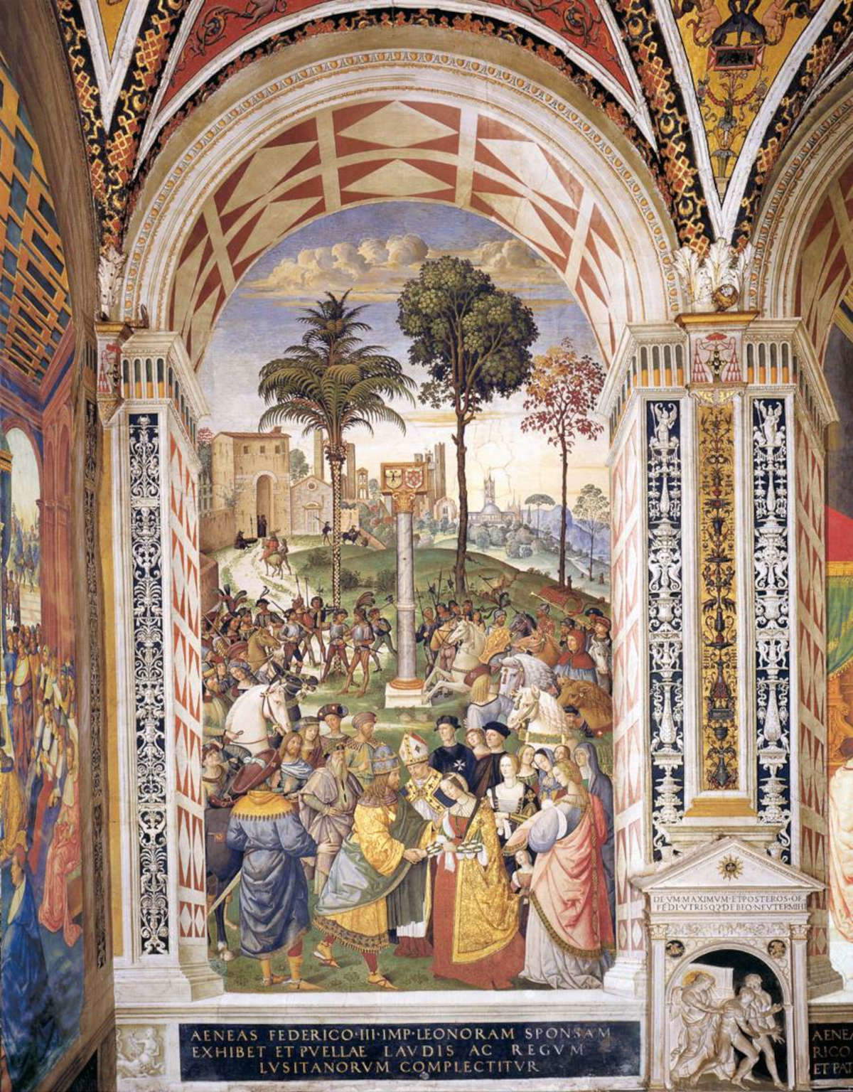 Bernardino Betti detto il Pinturicchio, Enea Silvio Piccolomini presenta Federico III a Eleonora del Portogallo (1502-1508; affresco; Siena, Libreria Piccolomini) Bernardino Betti detto il Pinturicchio, Enea Silvio Piccolomini presenta Federico III a Eleonora del Portogallo (1502-1508; affresco; Siena, Libreria Piccolomini)