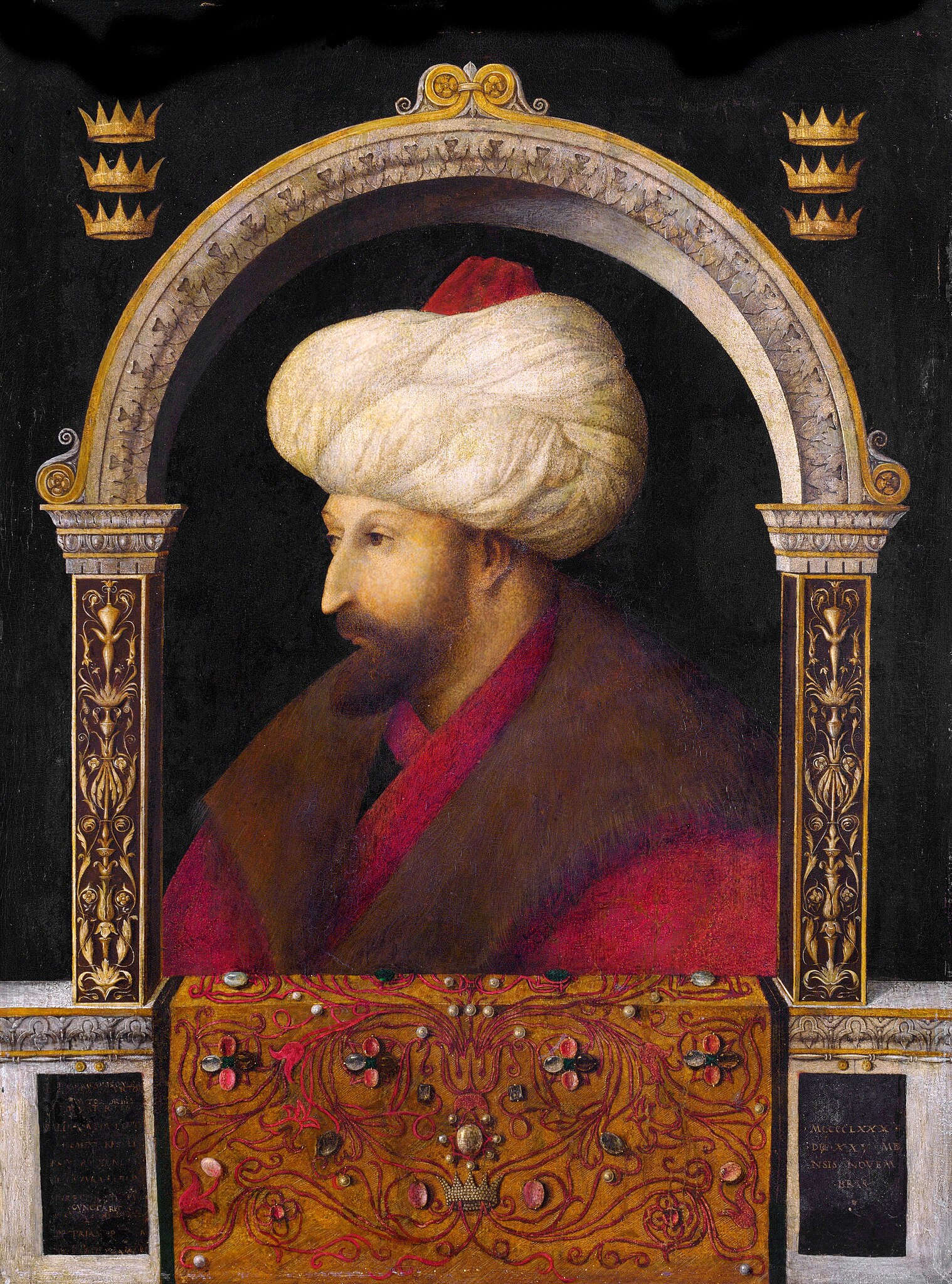Gentile Bellini, Ritratto di Maometto II (1480; olio su tela, 70 x 52 cm; Londra, Victoria and Albert Museum) Gentile Bellini, Ritratto di Maometto II (1480; olio su tela, 70 x 52 cm; Londra, Victoria and Albert Museum)