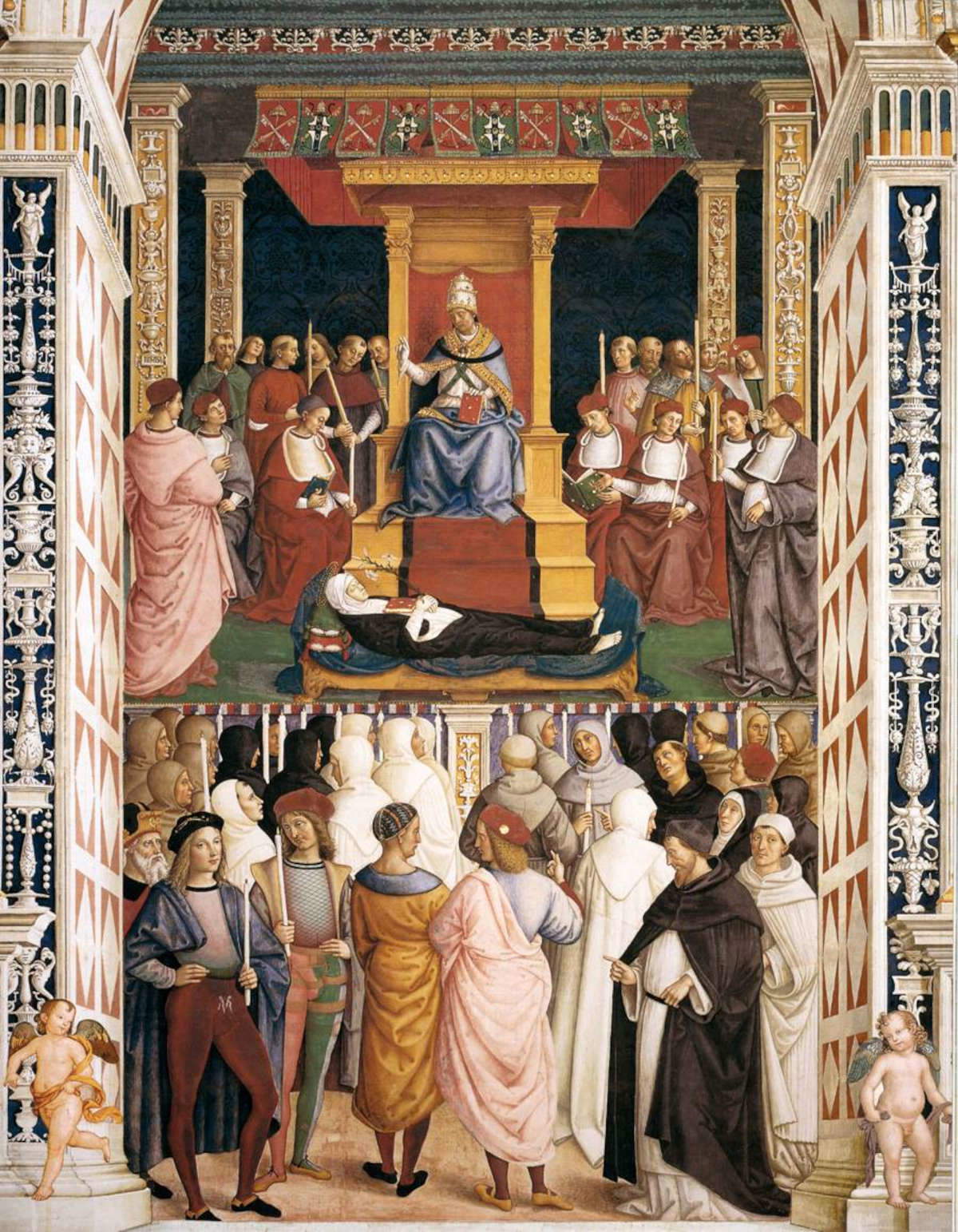 Bernardino Betti detto il Pinturicchio, La canonizzazione di santa Caterina da Siena da parte di Pio II (1502-1508; affresco; Siena, Libreria Piccolomini) Bernardino Betti detto il Pinturicchio, La canonizzazione di santa Caterina da Siena da parte di Pio II (1502-1508; affresco; Siena, Libreria Piccolomini)