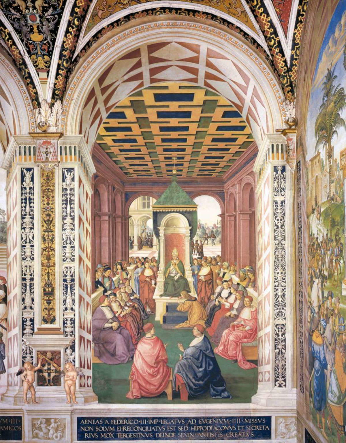Bernardino Betti detto il Pinturicchio, Omaggio al papa Eugenio IV in nome di Federico III (1502-1508; affresco; Siena, Libreria Piccolomini) Bernardino Betti detto il Pinturicchio, Omaggio al papa Eugenio IV in nome di Federico III (1502-1508; affresco; Siena, Libreria Piccolomini)