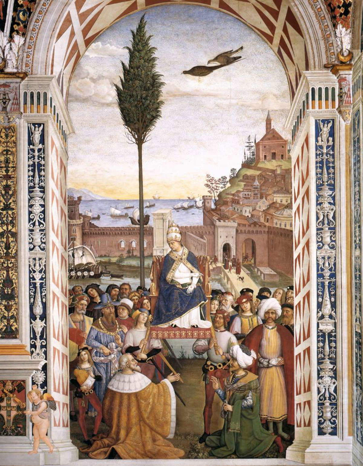 Bernardino Betti detto il Pinturicchio, Pio II arriva ad Ancona (1502-1508; affresco; Siena, Libreria Piccolomini) Bernardino Betti detto il Pinturicchio, Pio II arriva ad Ancona (1502-1508; affresco; Siena, Libreria Piccolomini)