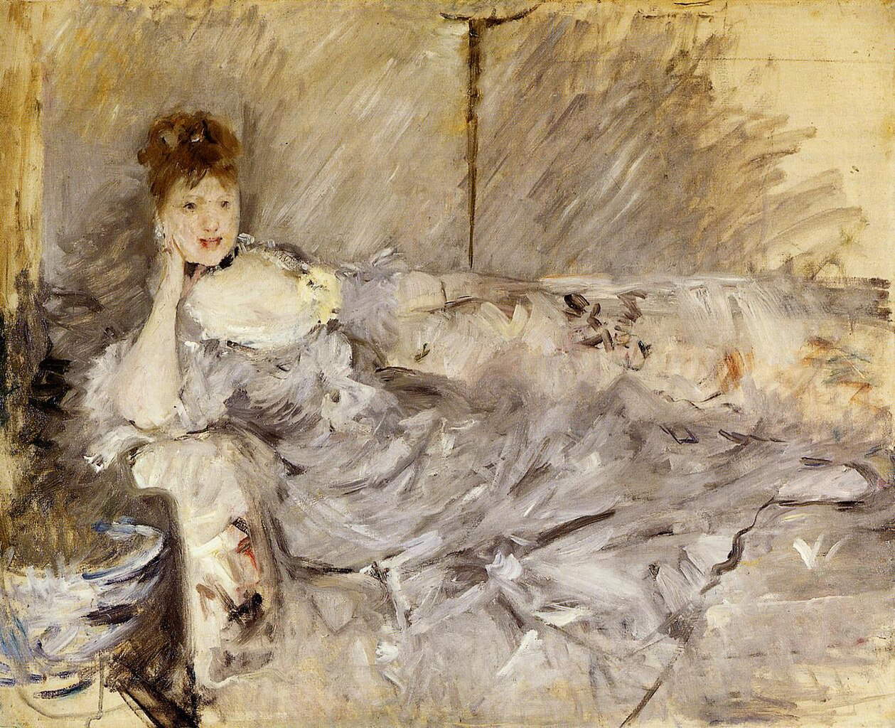 Berthe Morisot, Junge Frau in Grau liegend (1879; Öl auf Leinwand, 60 x 73 cm; Privatsammlung) Berthe Morisot, Junge Frau in Grau liegend (1879; Öl auf Leinwand, 60 x 73 cm; Privatsammlung)