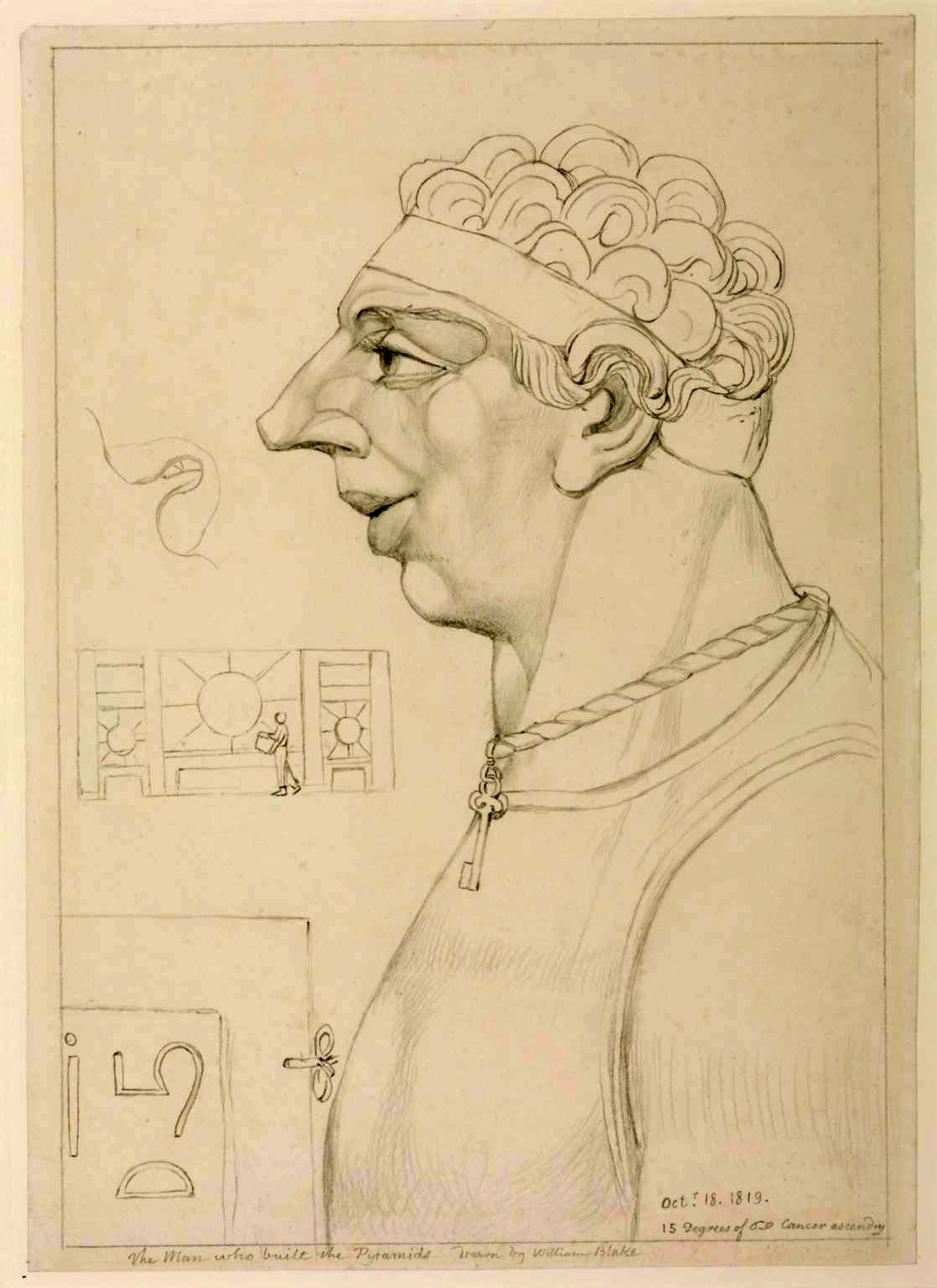 da William Blake, Testa visionaria dell'uomo che costruì le piramidi (1825 circa; grafite su carta, 29,8 x 21,4 mm; Londra, Tate) da William Blake, Testa visionaria dell'uomo che costruì le piramidi (1825 circa; grafite su carta, 29,8 x 21,4 mm; Londra, Tate)