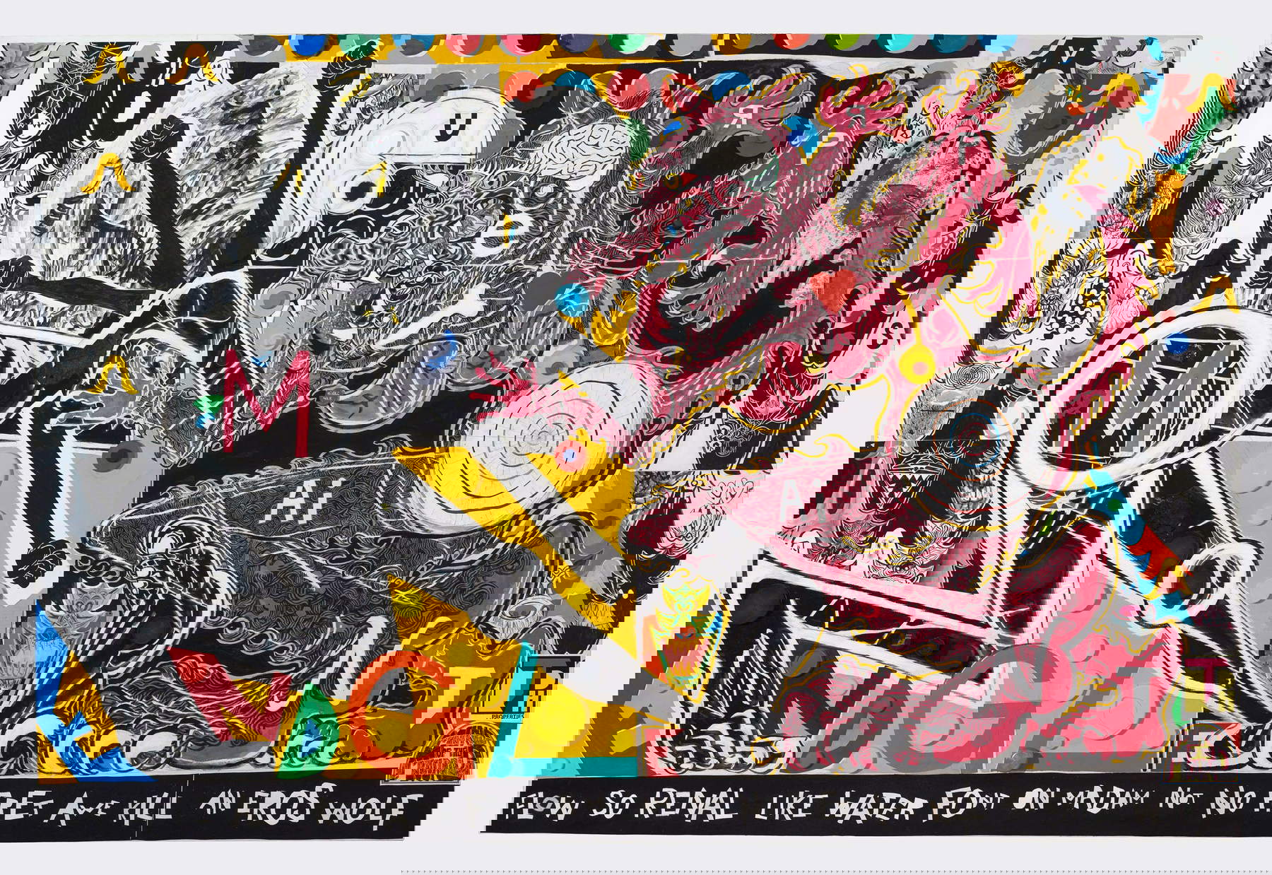 Trenton Doyle Hancock, The She Wolf Amongst Them Fed Undom's Conundrum (2016; acrilico e tecnica mista su tela, 182,9 x 274,3 cm). Foto: James Cohan Trenton Doyle Hancock, The She Wolf Amongst Them Fed Undom's Conundrum (2016; acrilico e tecnica mista su tela, 182,9 x 274,3 cm). Foto: James Cohan