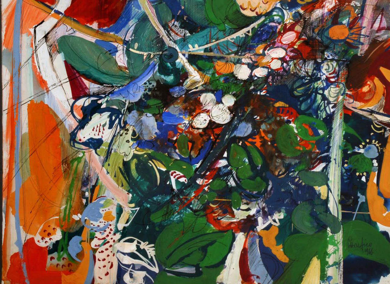 Ettore Fico, Komposition mit Blumen (1966; Öl auf Leinwand, 768 x 559 cm; Turin, Museo Ettore Fico) Ettore Fico, Komposition mit Blumen (1966; Öl auf Leinwand, 768 x 559 cm; Turin, Museo Ettore Fico)