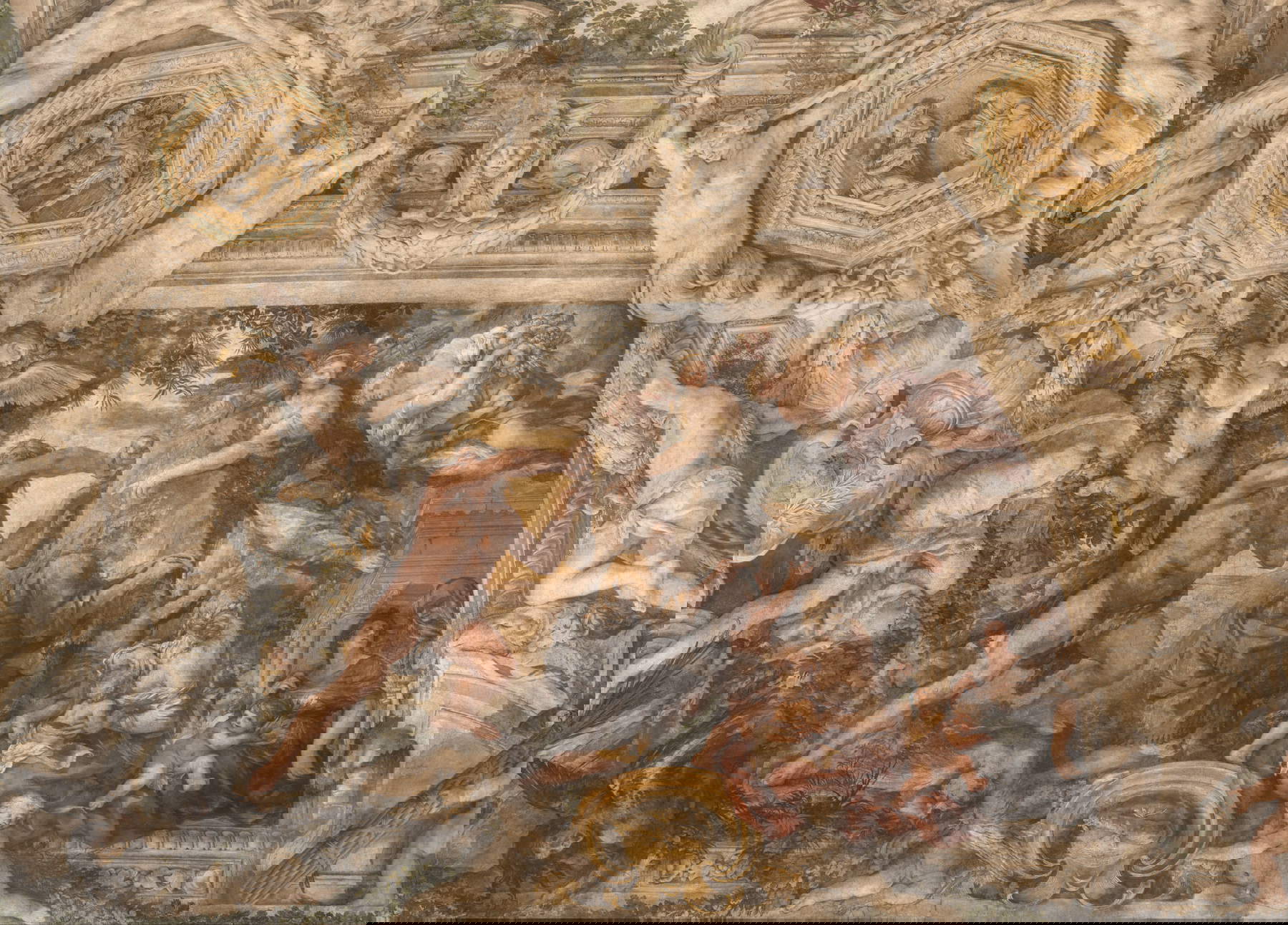 La Justicia y la Abundancia sobrevuelan la multitud mientras Hércules ahuyenta a las arpías La Justicia y la Abundancia sobrevuelan la multitud mientras Hércules ahuyenta a las arpías