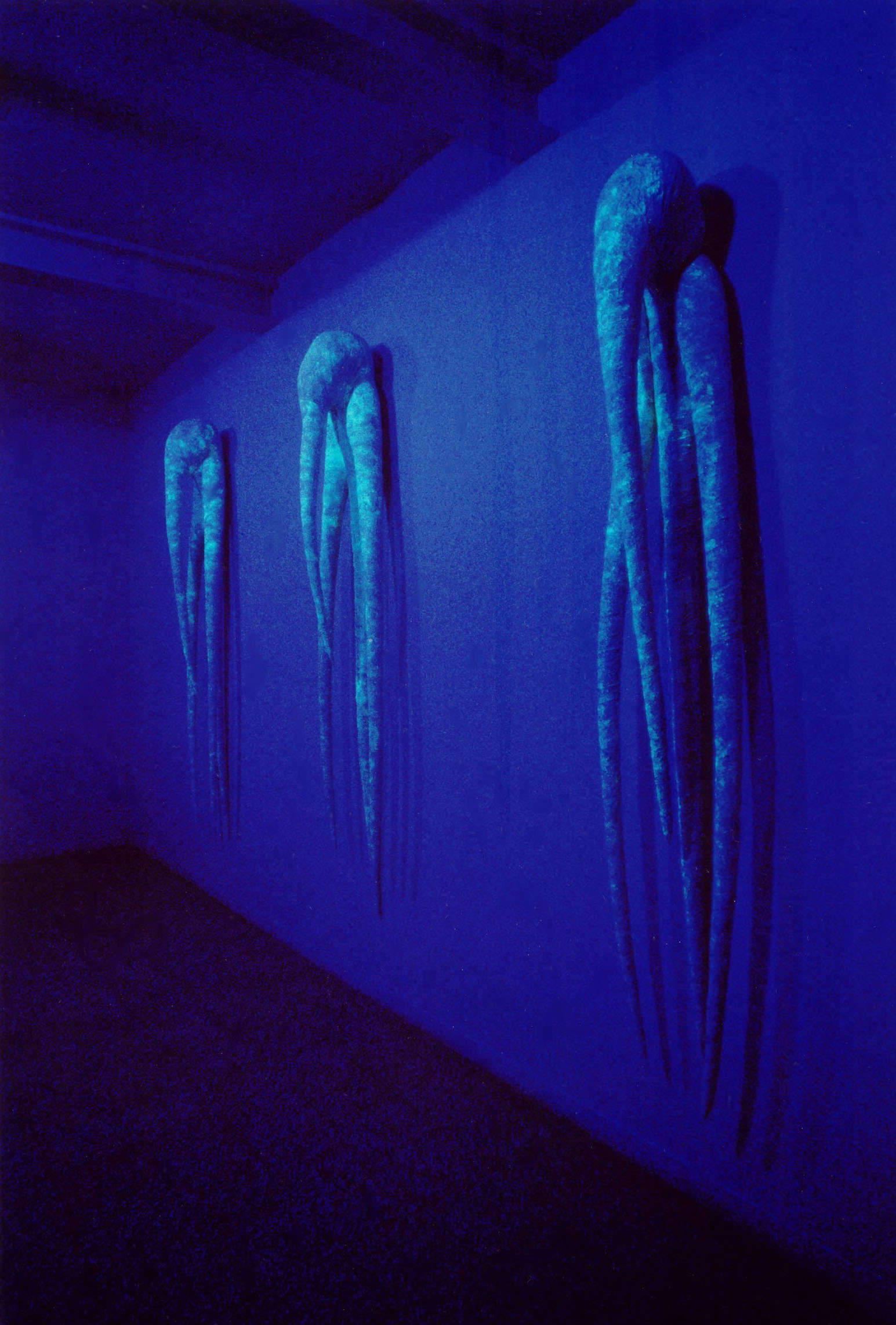 Andrea Marini, Hibernators (2004; fiberglass, chalk bandages, acrylic, Wood's lamps, sound height 230 cm each element) Andrea Marini, Hibernators (2004; fiberglass, chalk bandages, acrylic, Wood's lamps, sound height 230 cm each element)