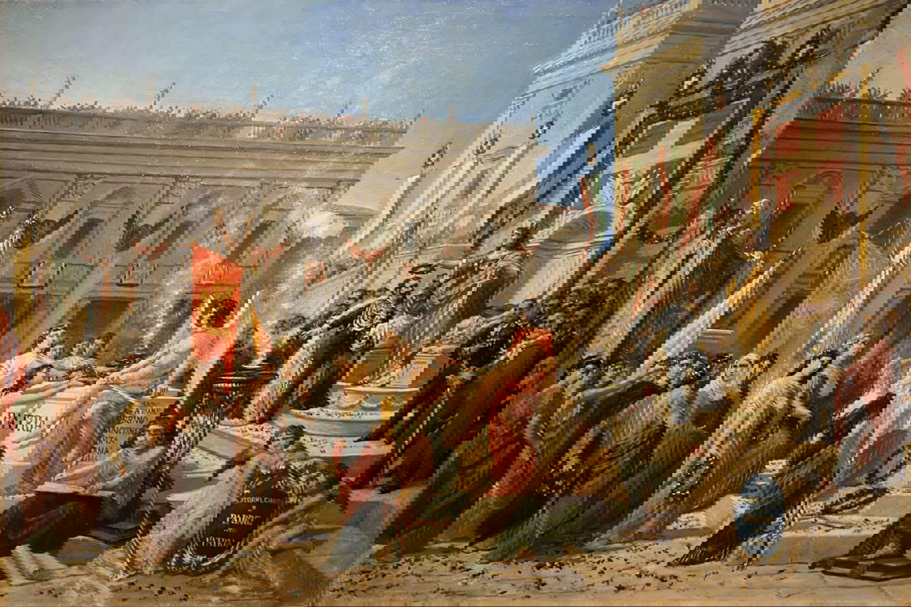 Pietro Aldi, Apoteosis de Víctor Manuel II coronado por la Patria (1878, óleo sobre lienzo, 55 x 80 cm; Saturnia, Polo Cultural Pietro Aldi) Pietro Aldi, Apoteosis de Víctor Manuel II coronado por la Patria (1878, óleo sobre lienzo, 55 x 80 cm; Saturnia, Polo Cultural Pietro Aldi)