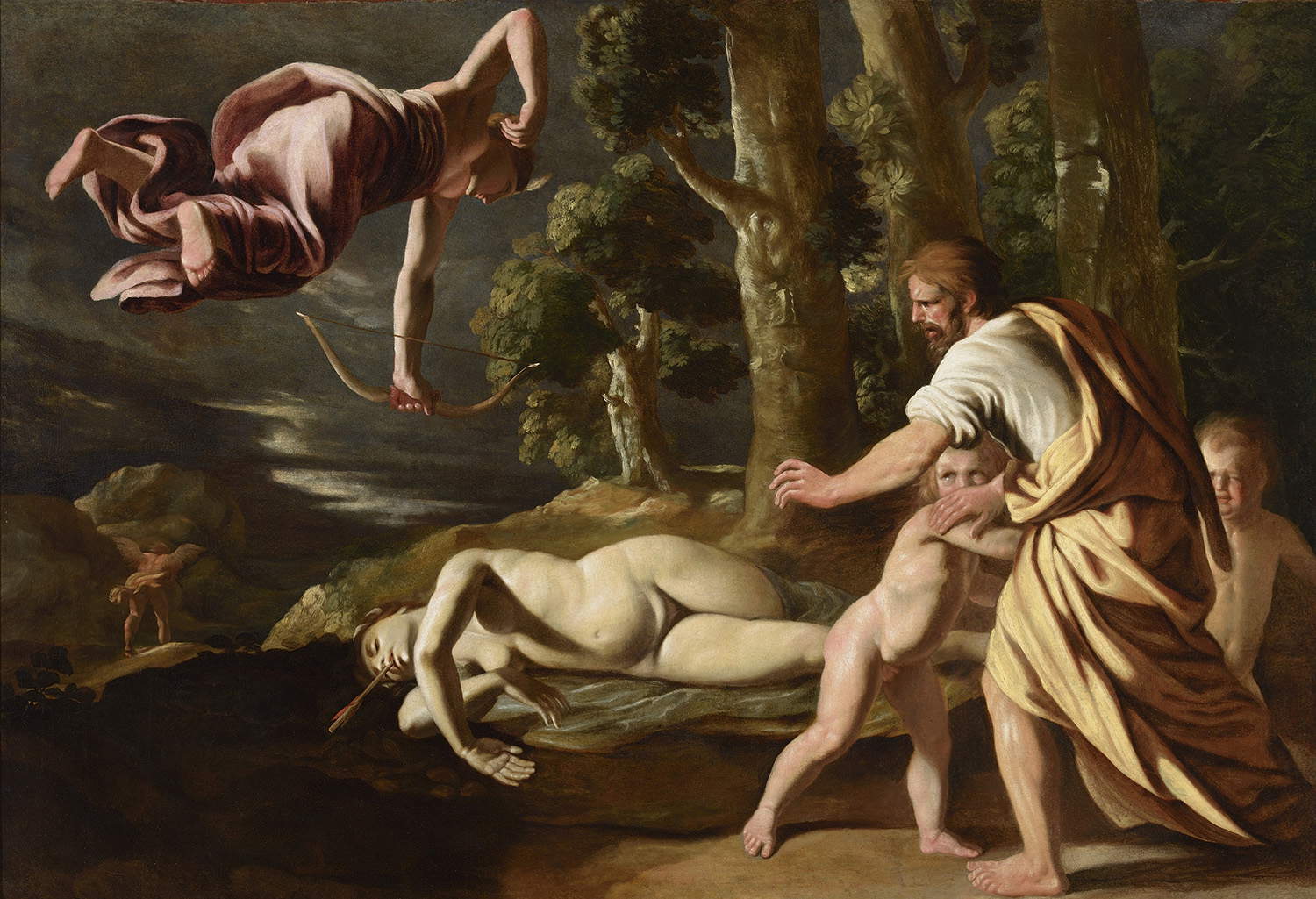 Nicolas Poussin, La morte di Chione (1622 circa; olio su tela, 109,5 × 159,5 cm; Lione, Musée des Beaux-Arts, 2016.1.1) Nicolas Poussin, La morte di Chione (1622 circa; olio su tela, 109,5 × 159,5 cm; Lione, Musée des Beaux-Arts, 2016.1.1)