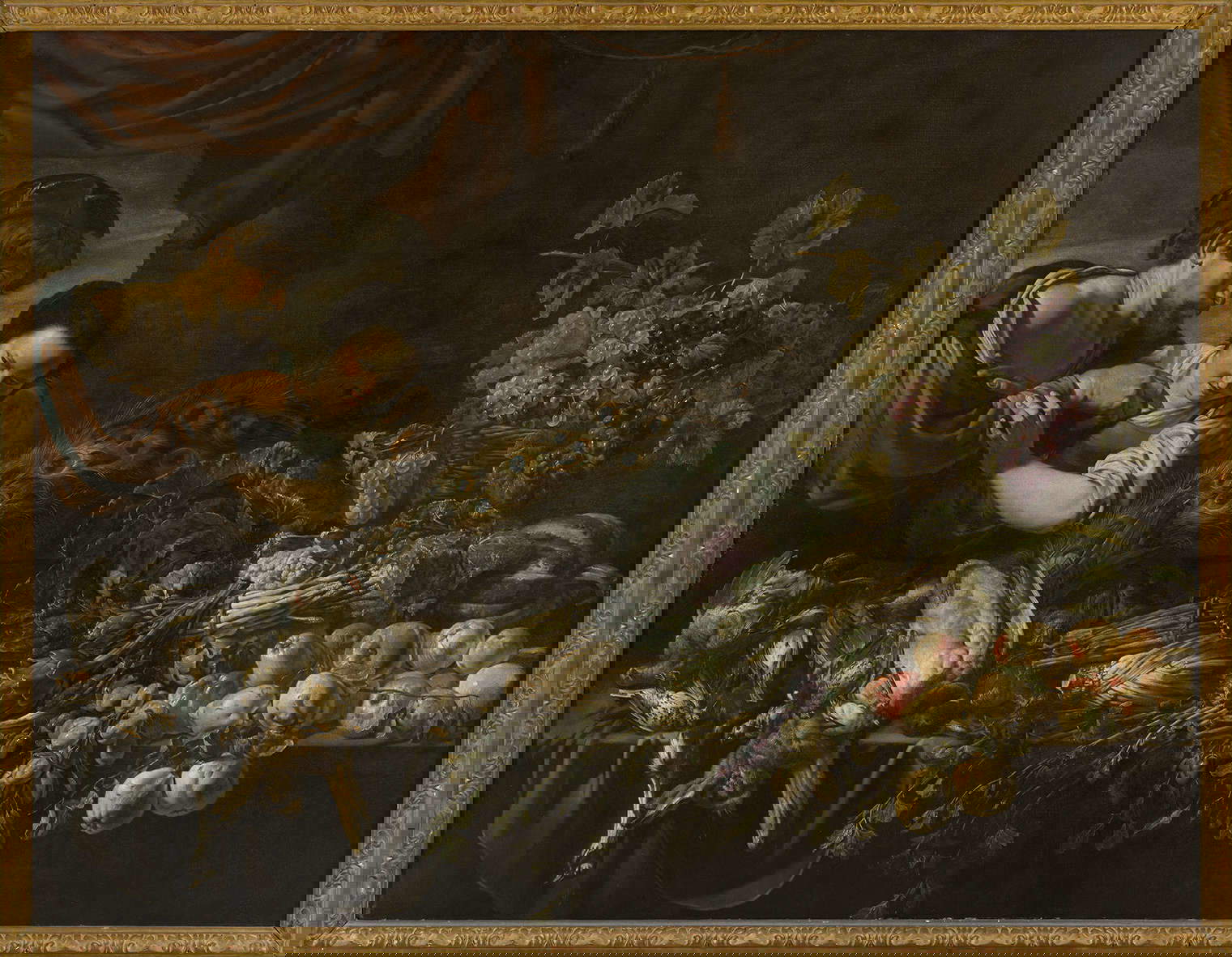 Adriaen Van Utrecht, Natura morta di ortaggi, frutta e cacciagione con figure (olio su tela, 151,5 x 196 cm; Modena, Collezione BPER Banca)