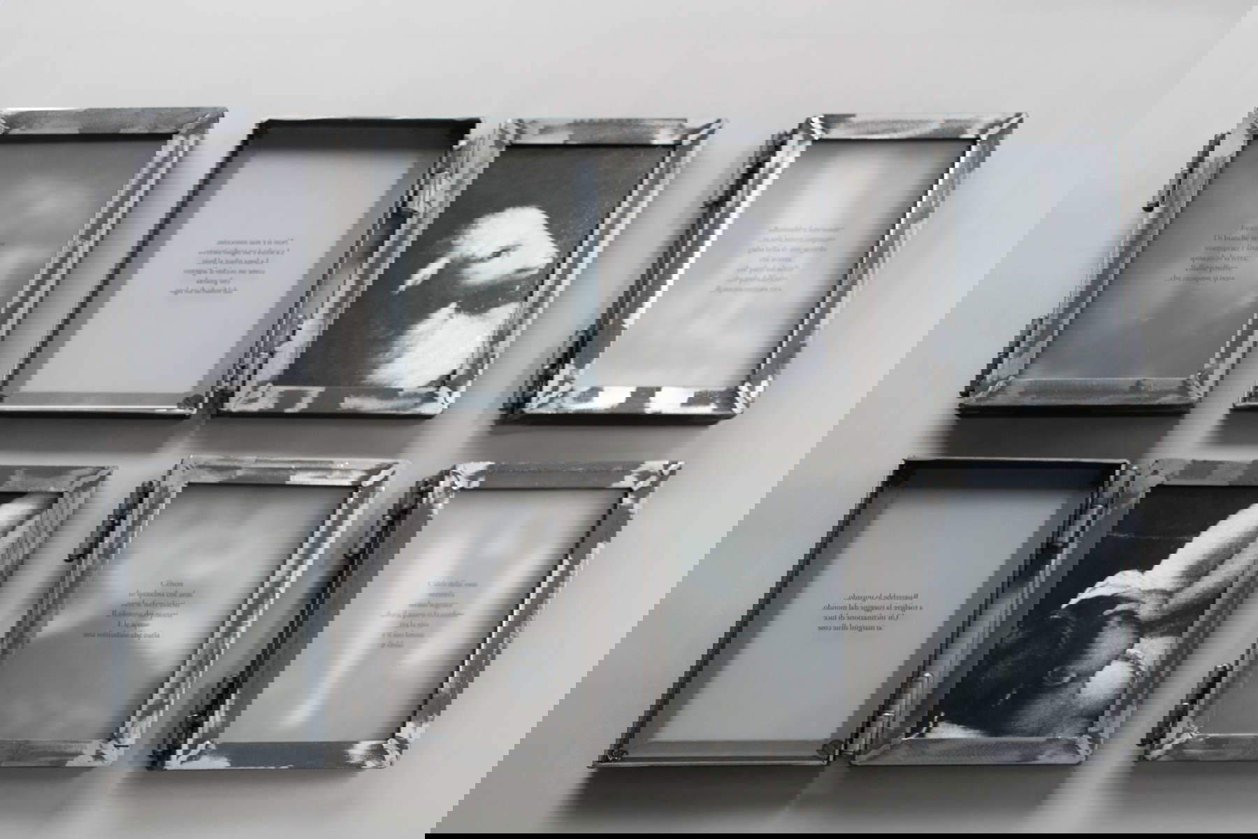 Alessandra Baldoni, L&rsquo;universo non ha un centro (2024; ferro, vetro satinato e cardinale, parole, fotografia fine art+forex , 19 x 24 x 5 cm l'uno)