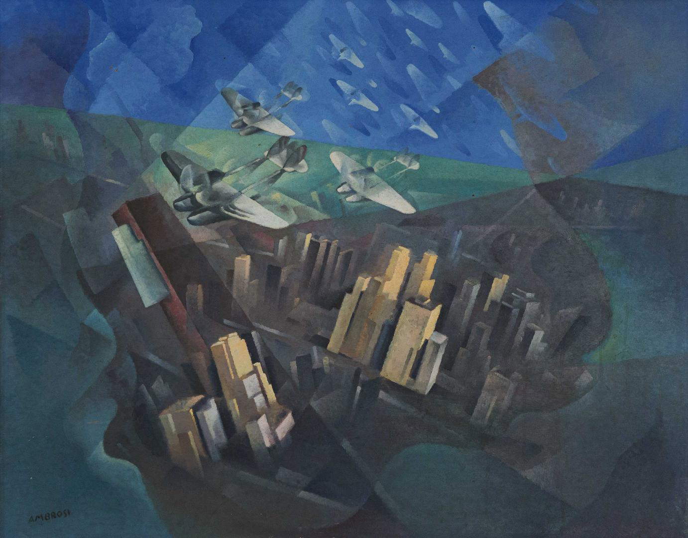 Alfredo Gauro Ambrosi, Das Atlantikgeschwader fliegt über Chicago (1933; Öl auf Tafel, 98 x 127 cm) Alfredo Gauro Ambrosi, Das Atlantikgeschwader fliegt über Chicago (1933; Öl auf Tafel, 98 x 127 cm)