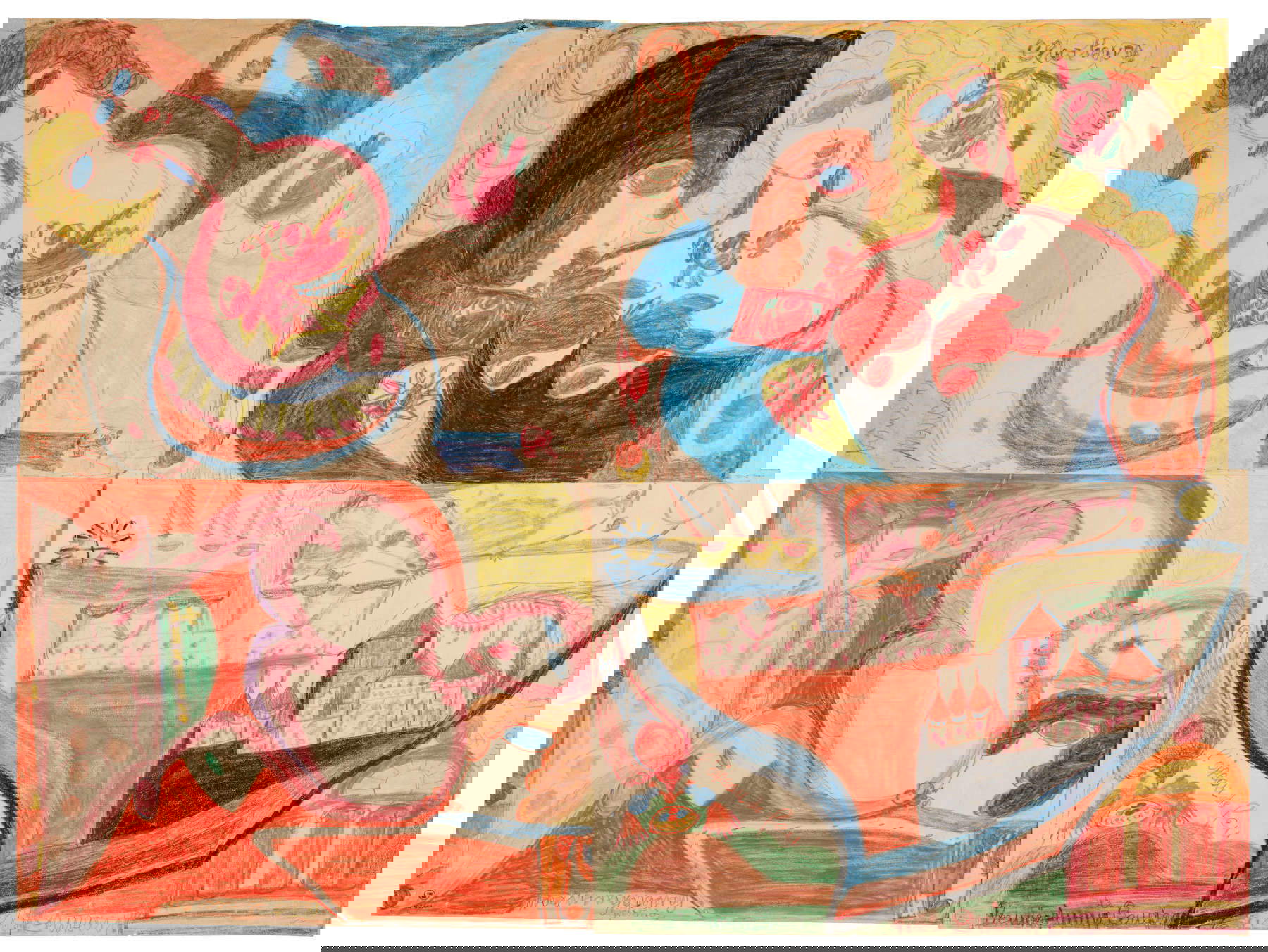 Aloïse Corbaz, Trône de Rome Marcellus - Rouge baiser chameau - Napoléon à Cherbourg (1952-53 ; crayons de couleur et jus de géranium sur quatre feuilles de papier cousues ensemble ; Lausanne, Collection de l'Art Brut). Crédits photographiques : Atelier de numérisation - Ville de Lausanne Aloïse Corbaz, Trône de Rome Marcellus - Rouge baiser chameau - Napoléon à Cherbourg (1952-53 ; crayons de couleur et jus de géranium sur quatre feuilles de papier cousues ensemble ; Lausanne, Collection de l'Art Brut). Crédits photographiques : Atelier de numérisation - Ville de Lausanne