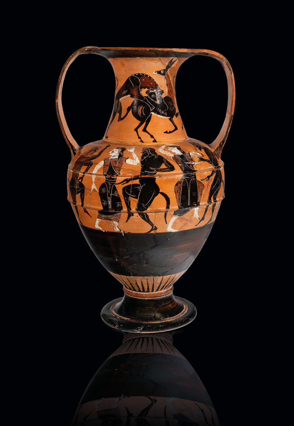 Amphora with Dionysian scene and painted inscription with potter's signature:  Amphora with Dionysian scene and painted inscription with potter's signature: