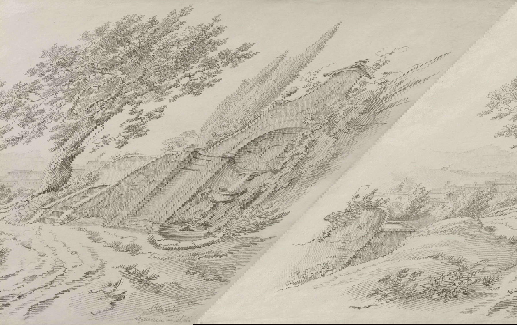 Artista inglés del siglo XIX, La Quercia del Tasso al Gianicolo (lápiz sobre papel, 24,6 x 39 cm) Artista inglés del siglo XIX, La Quercia del Tasso al Gianicolo (lápiz sobre papel, 24,6 x 39 cm)