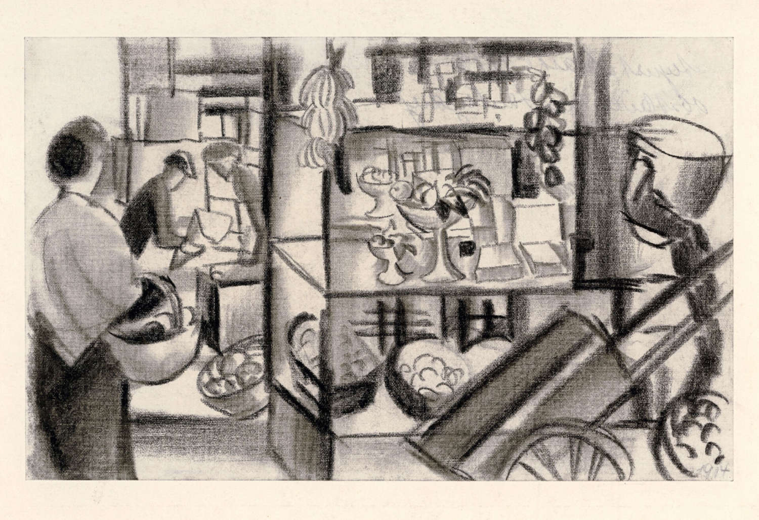 August Macke, Frutería bajo el porche (1914; carboncillo, sombreado sobre lienzo encolado sobre cartón, 13,7 × 21,9 cm; Colección Werner Coninx, en préstamo permanente en el Museo Comunale d'Arte Moderna Ascona) August Macke, Frutería bajo el porche (1914; carboncillo, sombreado sobre lienzo encolado sobre cartón, 13,7 × 21,9 cm; Colección Werner Coninx, en préstamo permanente en el Museo Comunale d'Arte Moderna Ascona)