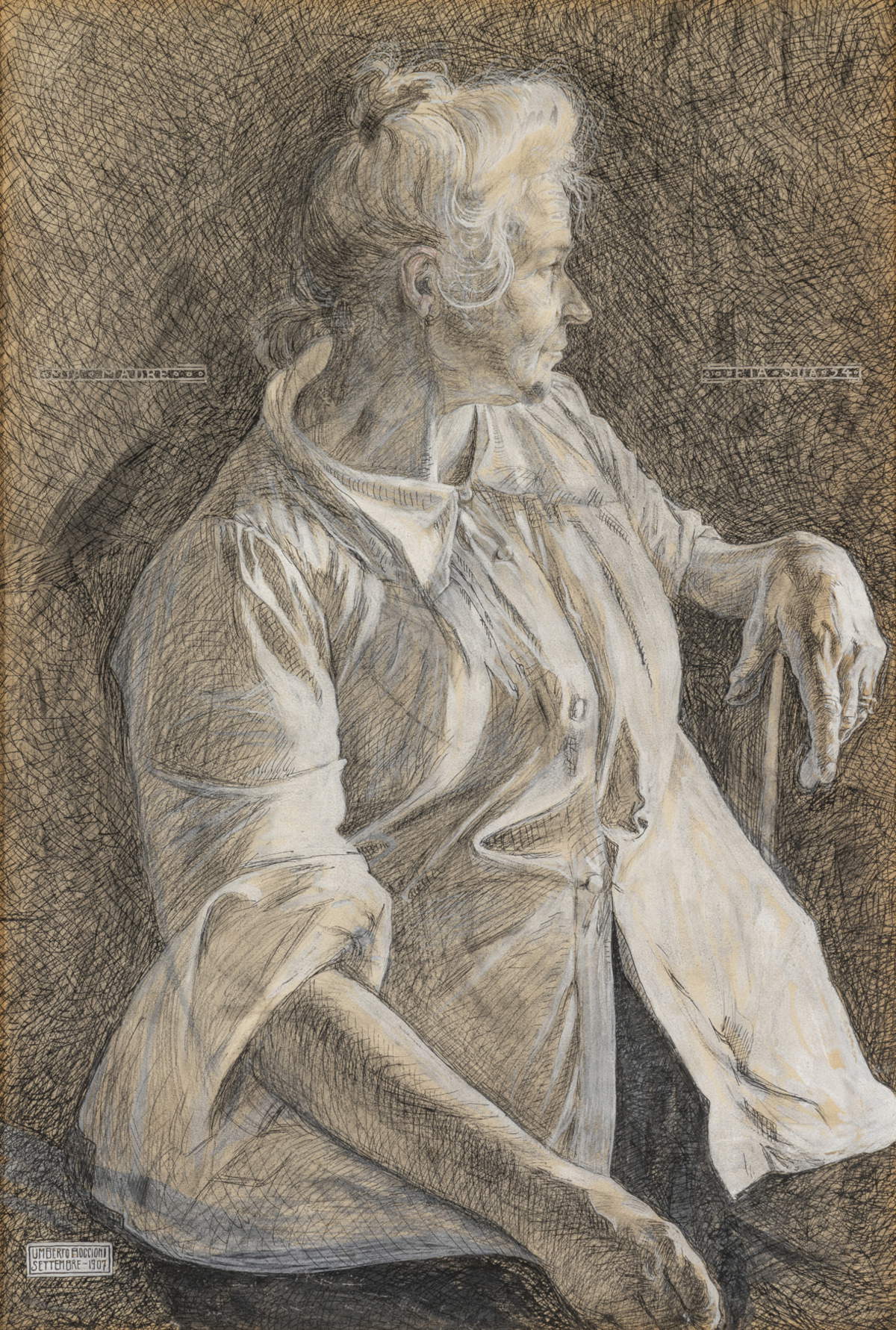 Umberto Boccioni, Mia madre (1907; grafito, temple, pluma y pincel de tinta negra (aplicados sobre lienzo), 650 x 440 mm)