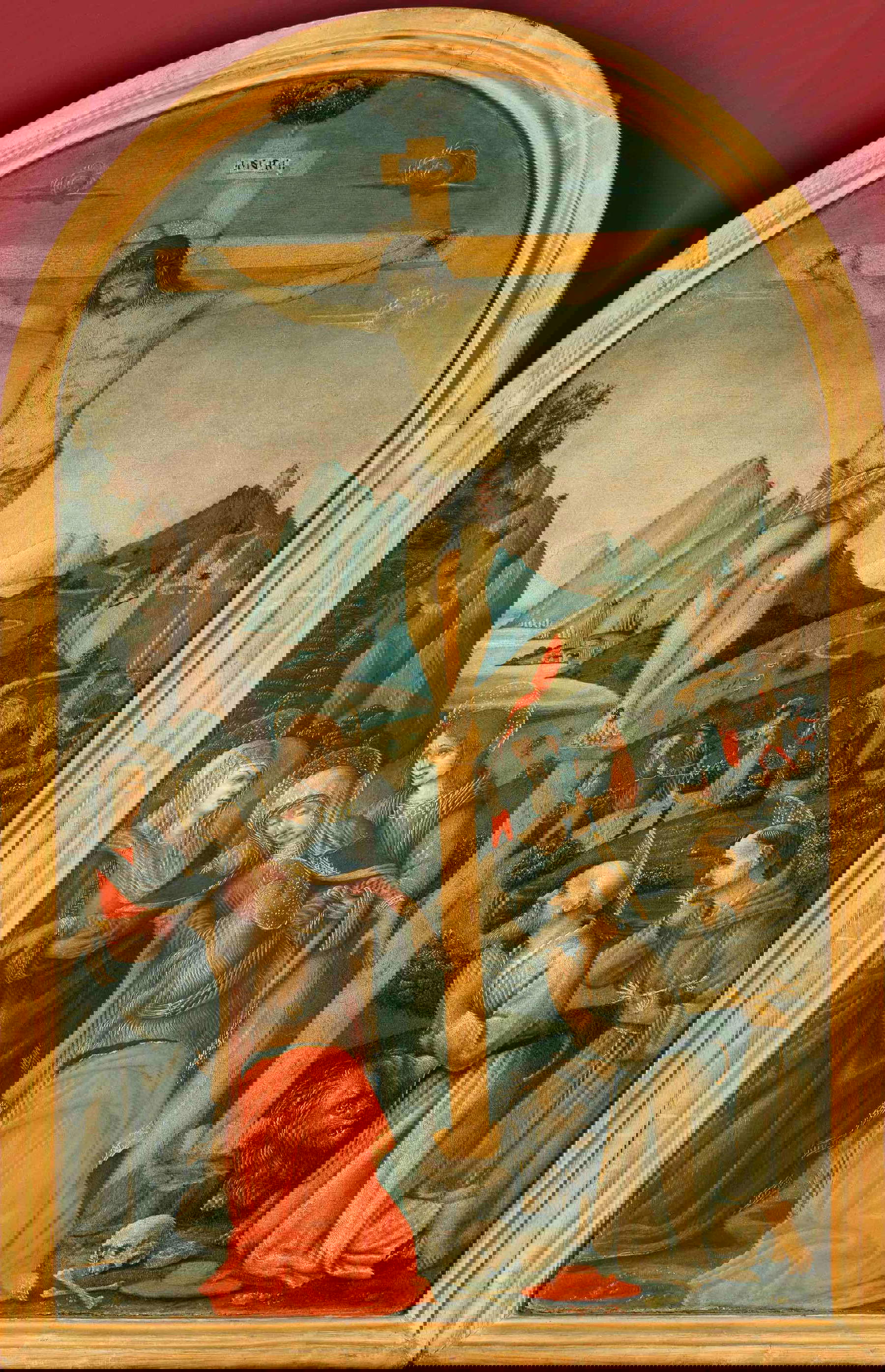 Atelier de Domenico Ghirlandaio, Crucifixion avec les saintes femmes, saint Jean, saint Jérôme et saint François (fin du XVe siècle ; tempera sur panneau, 67x43 cm ; Prato, Museo di Palazzo Pretorio, inv. 1320)