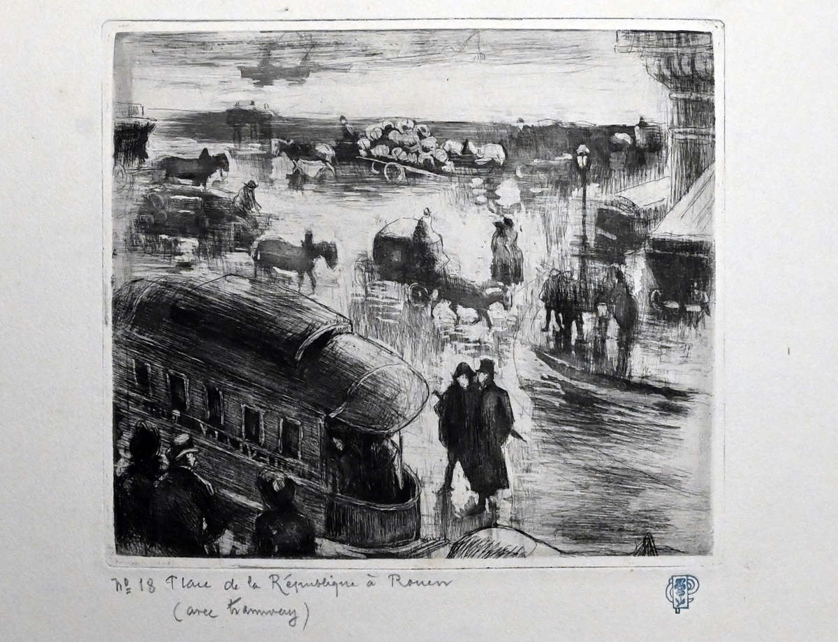 Camille Pissarro, Place de la R&eacute;publique &agrave; Rouen (1886; aquatint and drypoint, 150 x 171 mm)