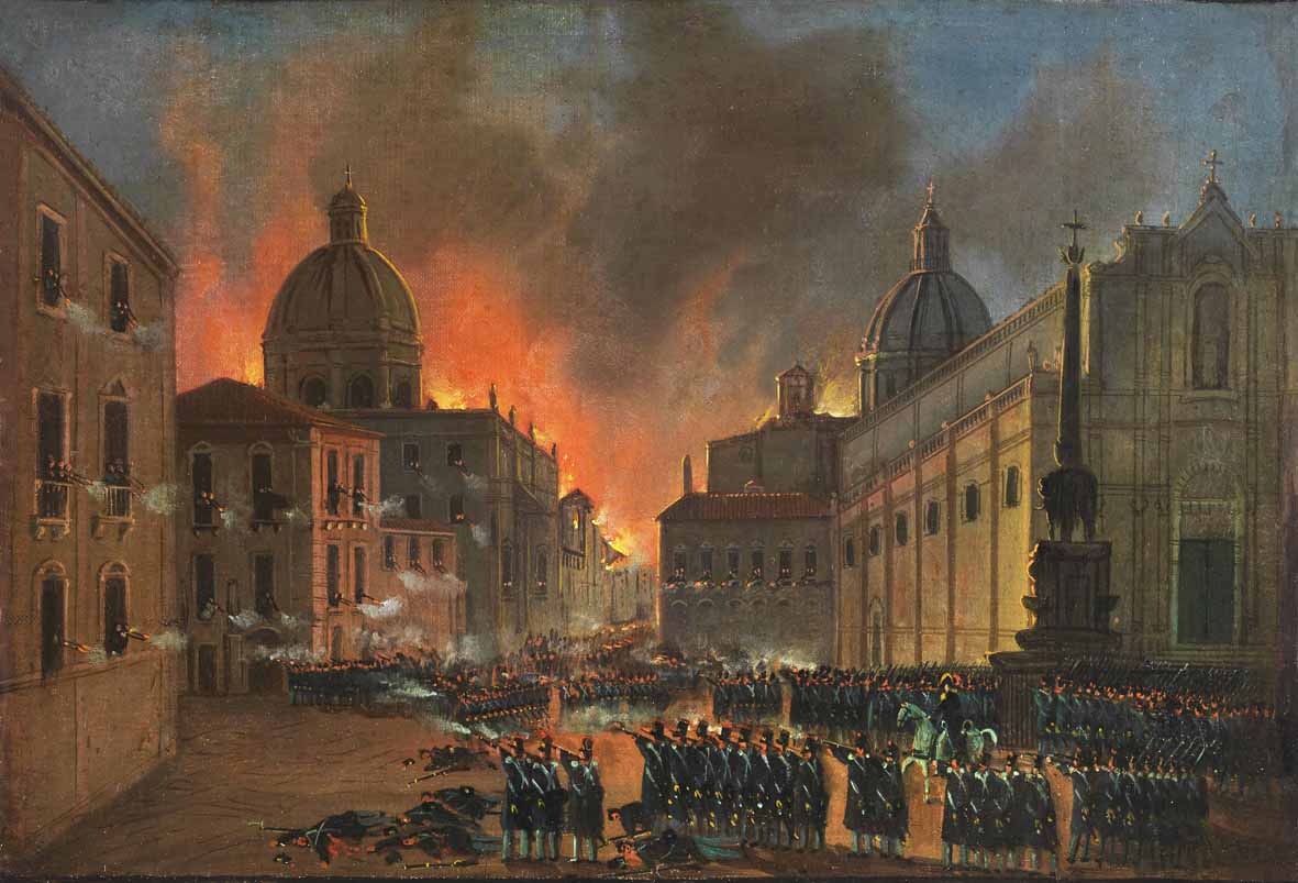 Carl Wilhelm Gotzloff (attr.), Combattimenti a Catania del 6 aprile del 1849 (olio su tela riportata su cartone, 28,5 x 40 cm). Presentato da: Paolo Antonacci Carl Wilhelm Gotzloff (attr.), Combattimenti a Catania del 6 aprile del 1849 (olio su tela riportata su cartone, 28,5 x 40 cm). Presentato da: Paolo Antonacci