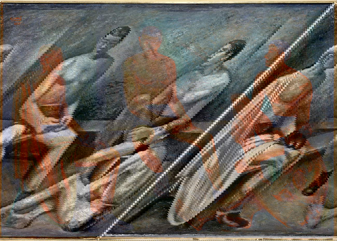 Carlo Carrà, Atleti in riposo (Pugilatori) (1933-1935, poi ripreso dall’artista nel 1936; collezione privata). Courtesy Studio d’Arte Nicoletta Colombo, Milano