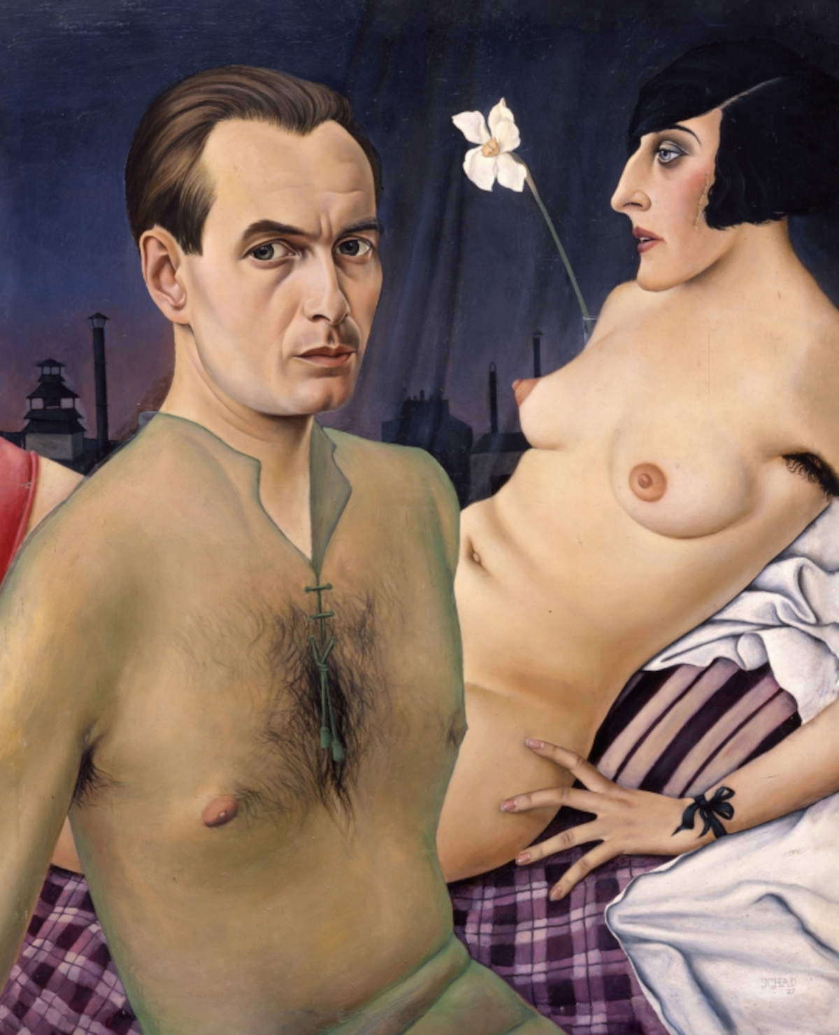 Christian Schad, Autoritratto con modella (1927) © Tate: Prestito da una collezione privata 1994, FotoPhoto: Benjamin Hasenclever © Christian-Schad-Stiftung Aschaffenburg/Bildrecht, Wien 2024
