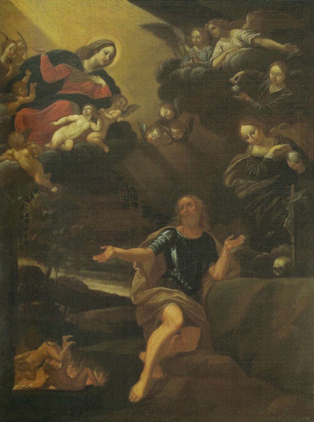 Kopie von Francesco Albani, Die Jungfrau erscheint dem heiligen Wilhelm in Herrlichkeit (18. Jahrhundert; Öl auf Leinwand, 120 x 90 cm; Privatsammlung) Kopie von Francesco Albani, Die Jungfrau erscheint dem heiligen Wilhelm in Herrlichkeit (18. Jahrhundert; Öl auf Leinwand, 120 x 90 cm; Privatsammlung)