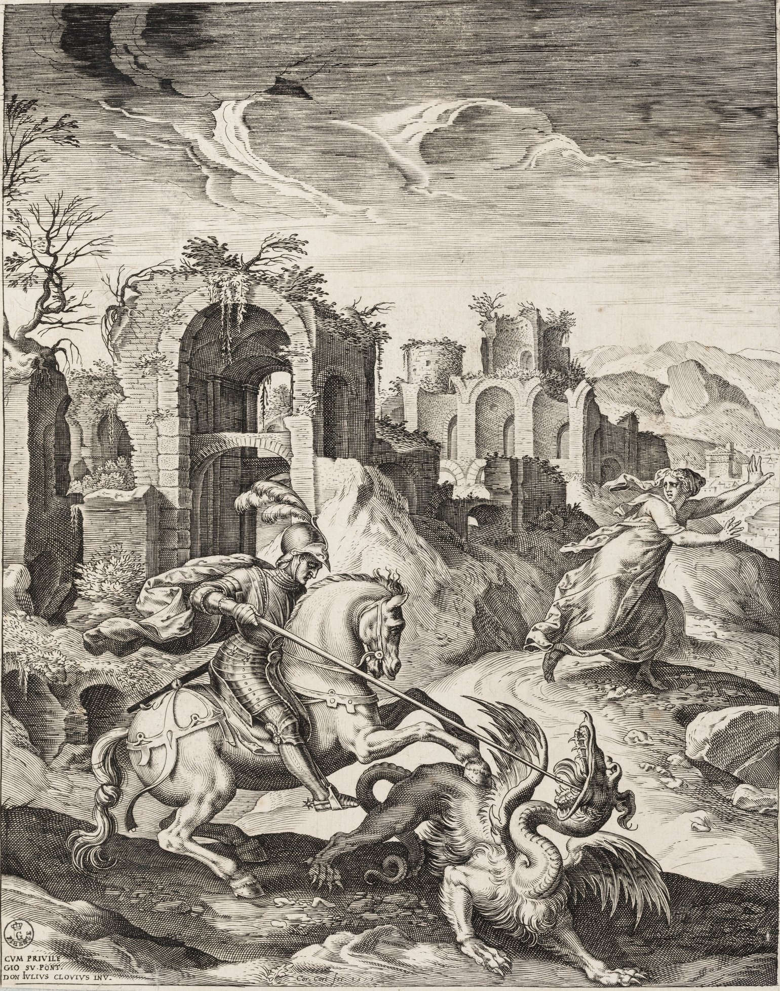 Cornelis Cort, nach Giulio Clovio, Der heilige Georg und der Drache (1577; Stichel; Florenz, Uffizien, Kabinett der Zeichnungen und Drucke) Cornelis Cort, nach Giulio Clovio, Der heilige Georg und der Drache (1577; Stichel; Florenz, Uffizien, Kabinett der Zeichnungen und Drucke)