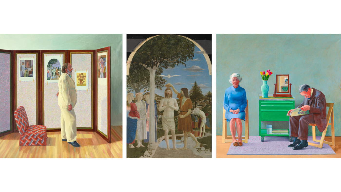 Piero della Francesca's Baptism of Christ in two works by David Hockney. On view at the National Gallery