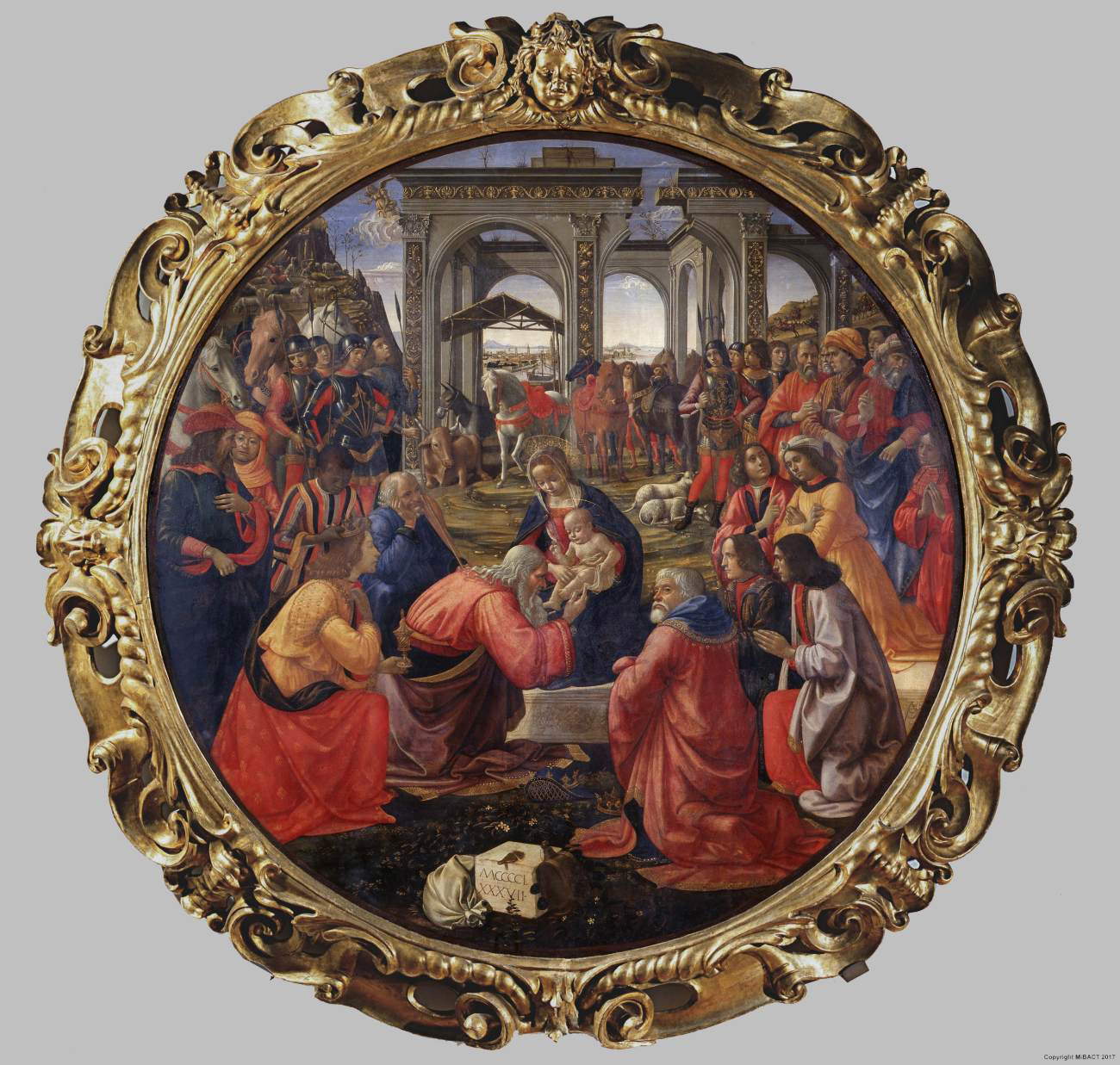 Domenico Ghirlandaio, Anbetung der Könige (1487; Tempera auf Tafel, Durchmesser 117 cm; Florenz, Uffizien) Domenico Ghirlandaio, Anbetung der Könige (1487; Tempera auf Tafel, Durchmesser 117 cm; Florenz, Uffizien)