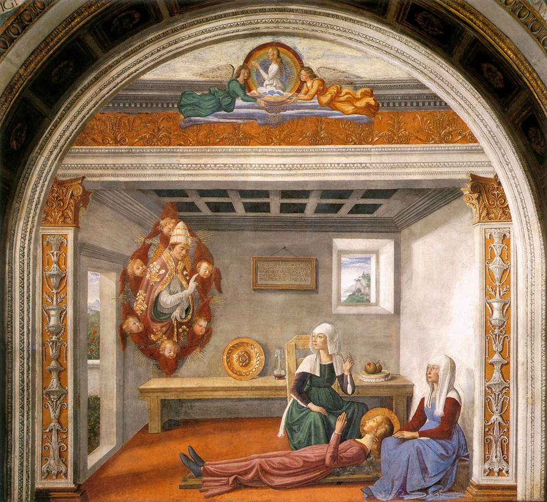 Domenico Ghirlandaio, Geschichten der Heiligen Fina, Erscheinung des Heiligen Gregor (1473-1475; Fresken; San Gimignano, Stiftskirche) Domenico Ghirlandaio, Geschichten der Heiligen Fina, Erscheinung des Heiligen Gregor (1473-1475; Fresken; San Gimignano, Stiftskirche)