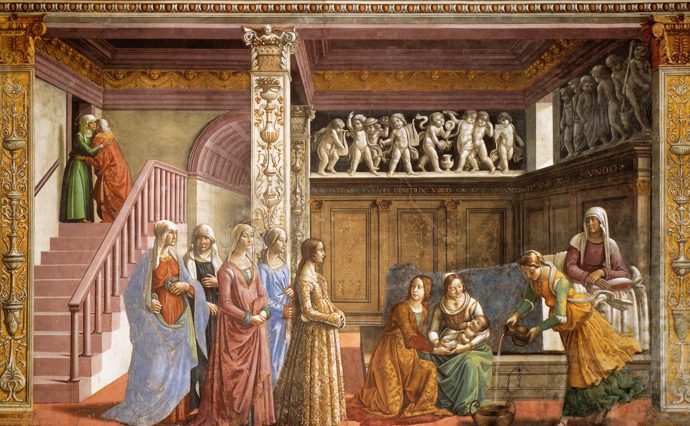 Domenico Ghirlandaio, Geschichten der Jungfrau, Geburt der Jungfrau (1486-1490; Fresken; Florenz, Santa Maria Novella, Kapelle Tornabuoni) Domenico Ghirlandaio, Geschichten der Jungfrau, Geburt der Jungfrau (1486-1490; Fresken; Florenz, Santa Maria Novella, Kapelle Tornabuoni)
