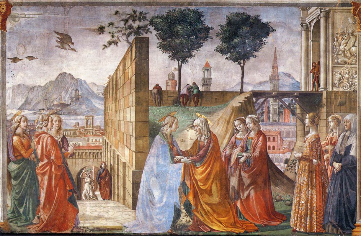 Domenico Ghirlandaio, Geschichten von Johannes dem Täufer, Heimsuchung (1486-1490; Fresken; Florenz, Santa Maria Novella, Kapelle Tornabuoni) Domenico Ghirlandaio, Geschichten von Johannes dem Täufer, Heimsuchung (1486-1490; Fresken; Florenz, Santa Maria Novella, Kapelle Tornabuoni)