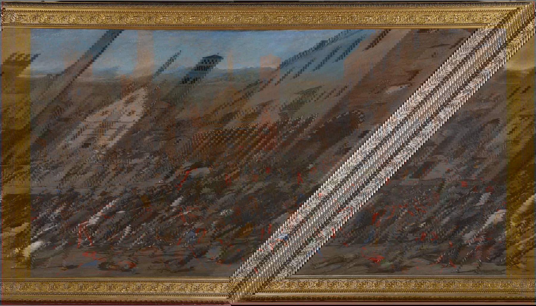 Domenico Morone, L'expulsion des Bonacolsi (1494 ; tempera grassa sur toile ; Mantoue, palais ducal) Domenico Morone, L'expulsion des Bonacolsi (1494 ; tempera grassa sur toile ; Mantoue, palais ducal)