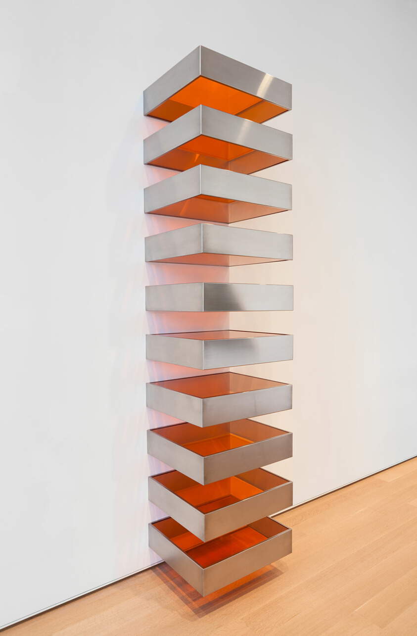 Donald Judd, Untitled (Stack) (1968; steel and Plexiglas, ten units 15.2 x 68.6 x 61 cm; Chicago, The Art Institute) Donald Judd, Untitled (Stack) (1968; steel and Plexiglas, ten units 15.2 x 68.6 x 61 cm; Chicago, The Art Institute)