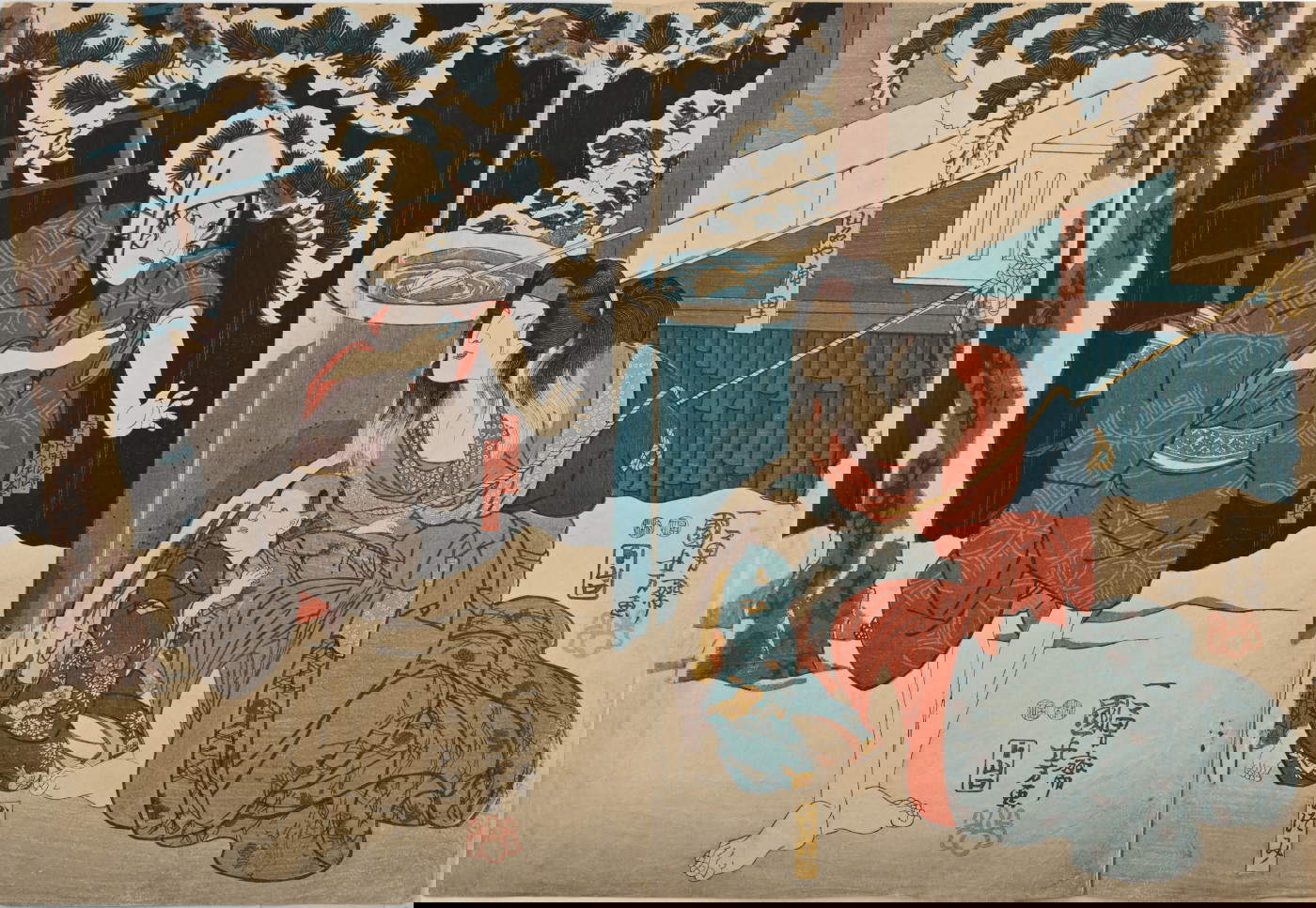 Utagawa Kuniyoshi, Akegarasu hana no nureginu (1851; polychrome Holzschnitte, Diptychon, 355 x 508 mm; Bologna, Museo Civico Medievale, Schenkung Norman Jones)