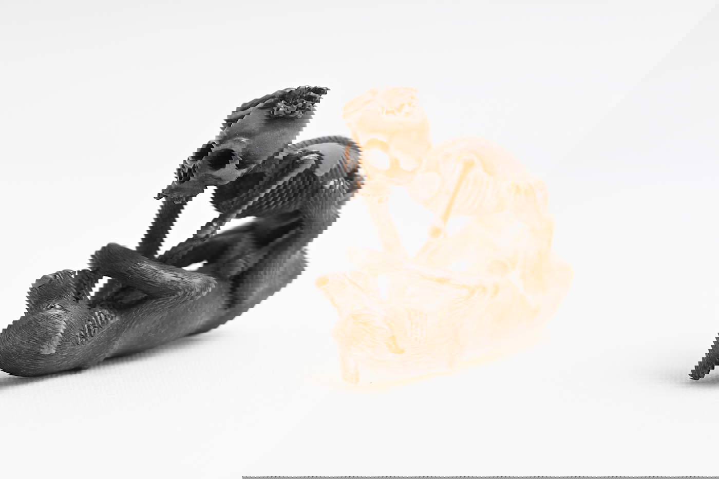 Suguya Shōko, Netsuke: Wolf und Skelett (Mitte 19. Jahrhundert; Holz, 6 x 4,5 cm; Bologna, Museo Civico Medievale, Schenkung Norman Jones)