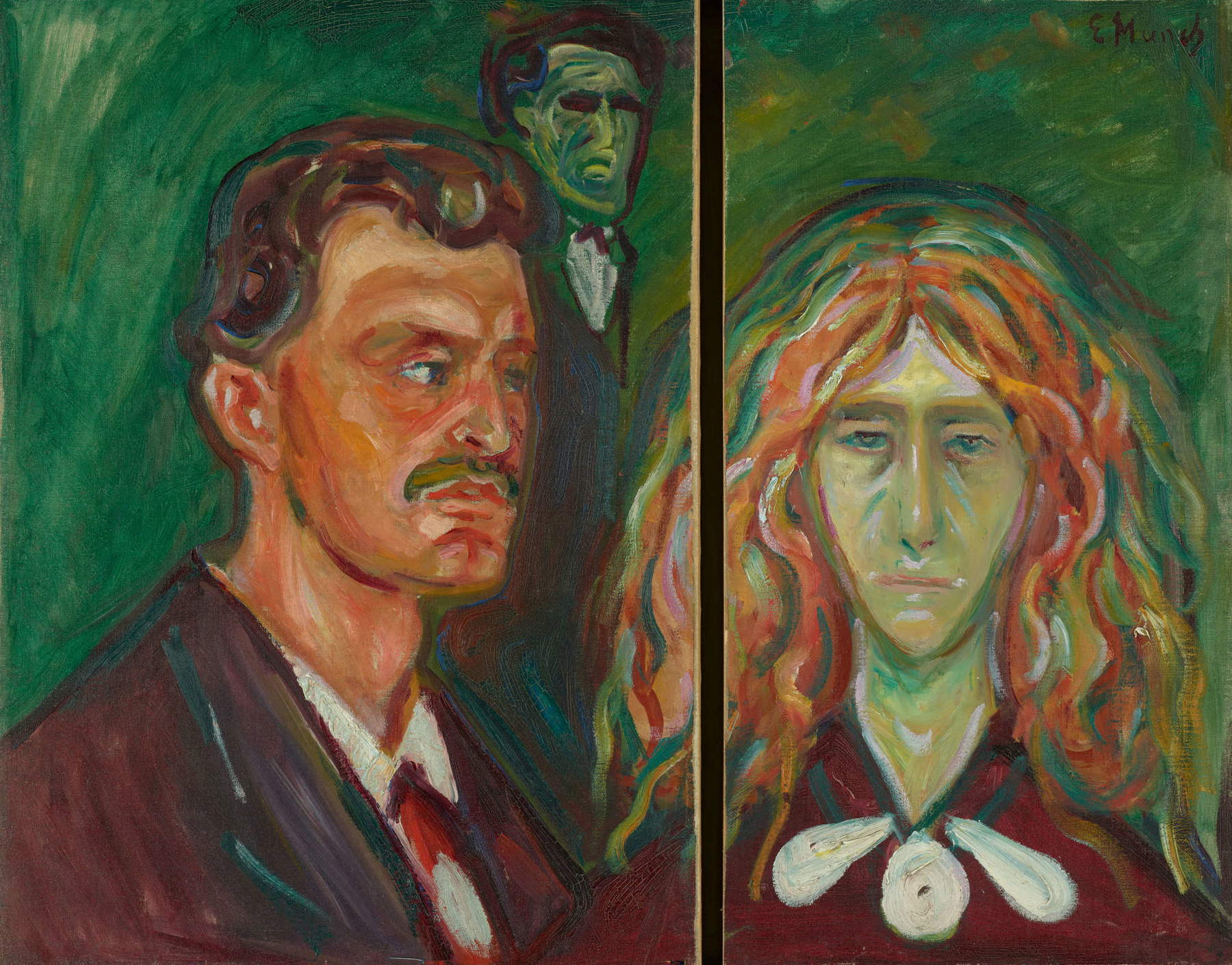 Edvard Munch, Autoritratto su sfondo verde / Tulla Larsen (1905; olio su tela, 67,5 x 45,5 cm; / 62,5 x 33 cm; Oslo, Munchmuseet) Foto © Munchmuseet