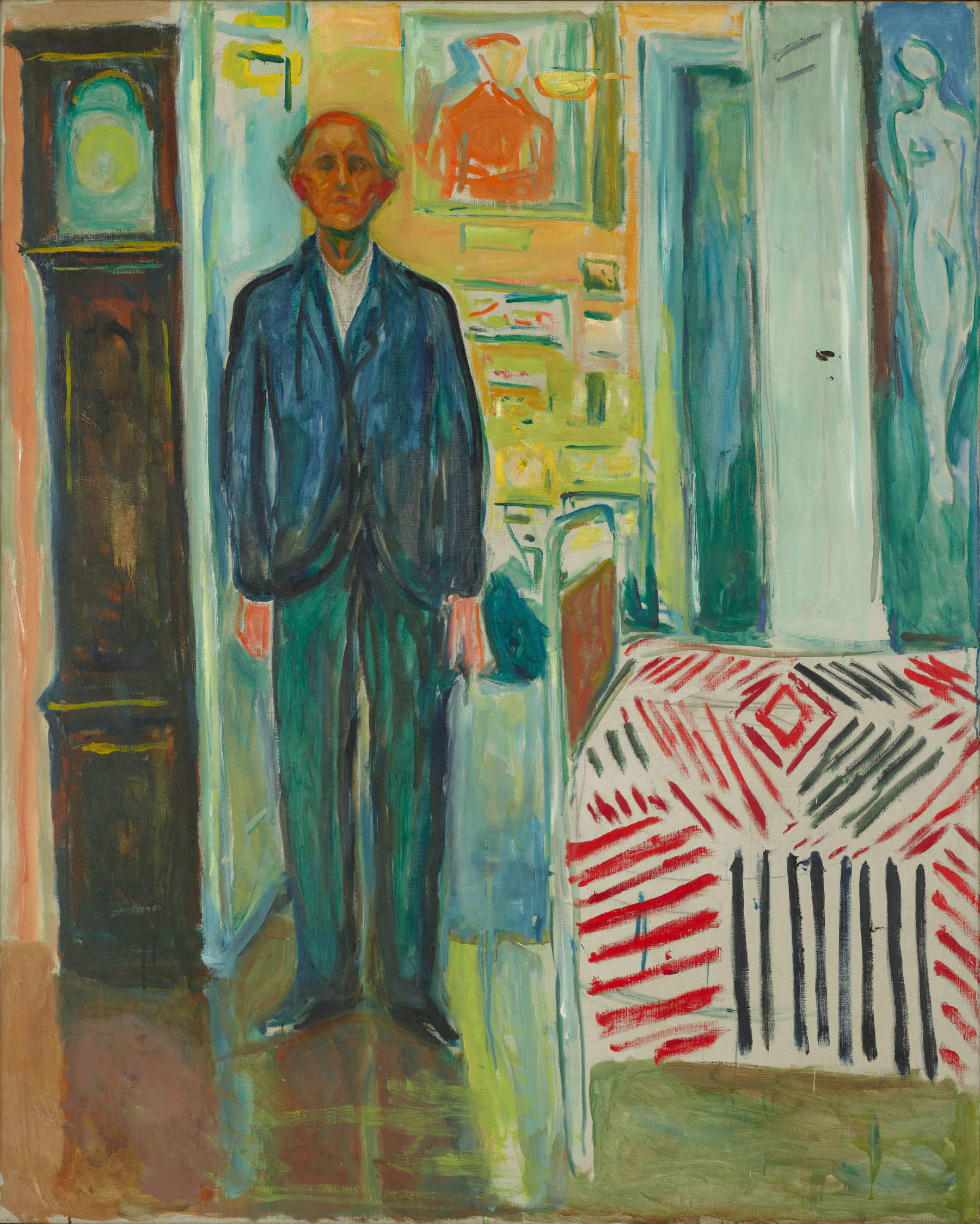 Edvard Munch, Autoritratto tra il letto e l’orologio (1940–1943; olio su tela, 149,5 x 120,5 cm; Oslo, Munchmuseet) Foto © Munchmuseet