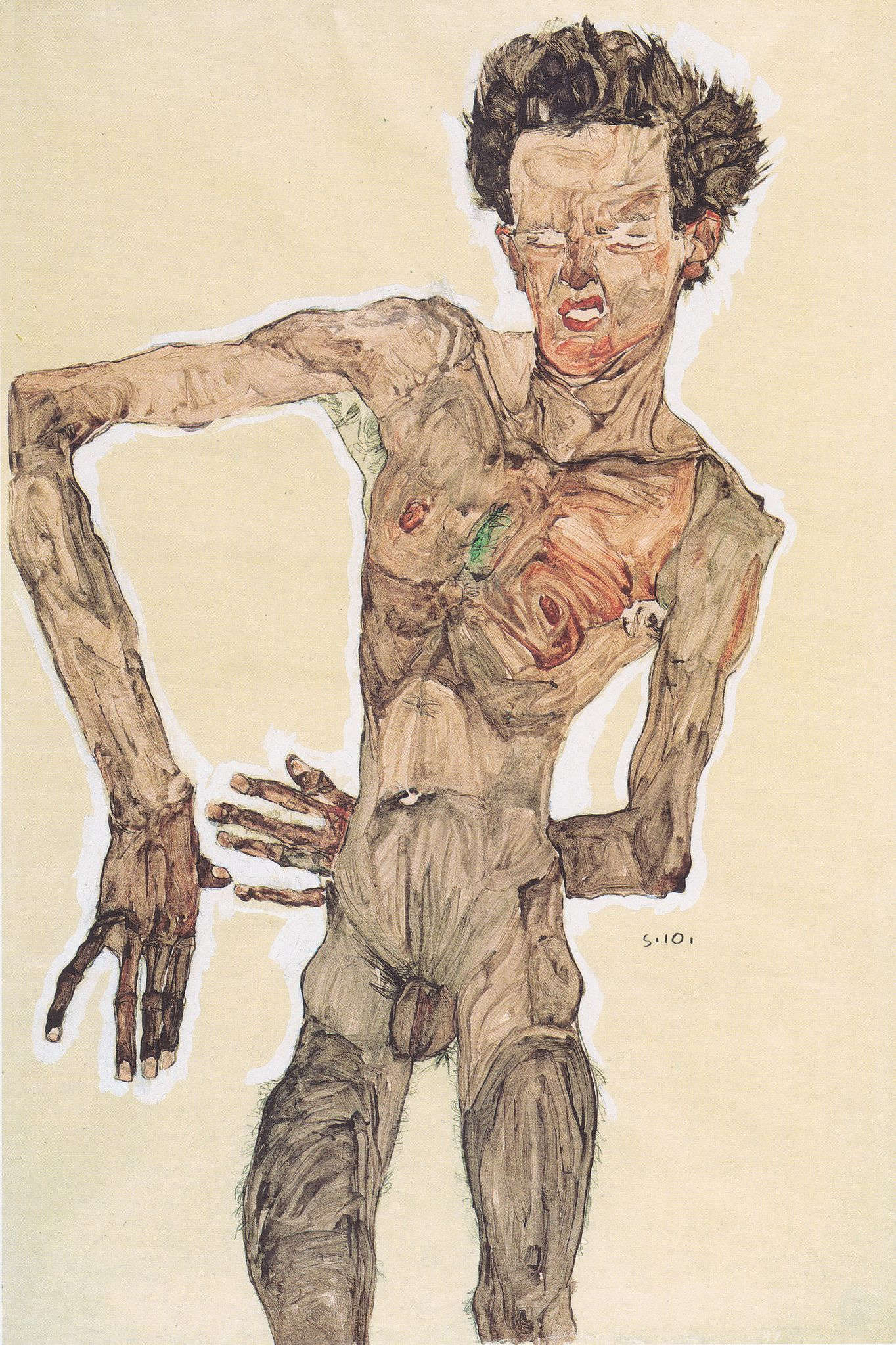 Egon Schiele, Selbstbildnis (1910; Bleistift, Kohle, Pinsel und Gouache auf Papier, 558 x 367 mm; Wien, Albertina) Egon Schiele, Selbstbildnis (1910; Bleistift, Kohle, Pinsel und Gouache auf Papier, 558 x 367 mm; Wien, Albertina)