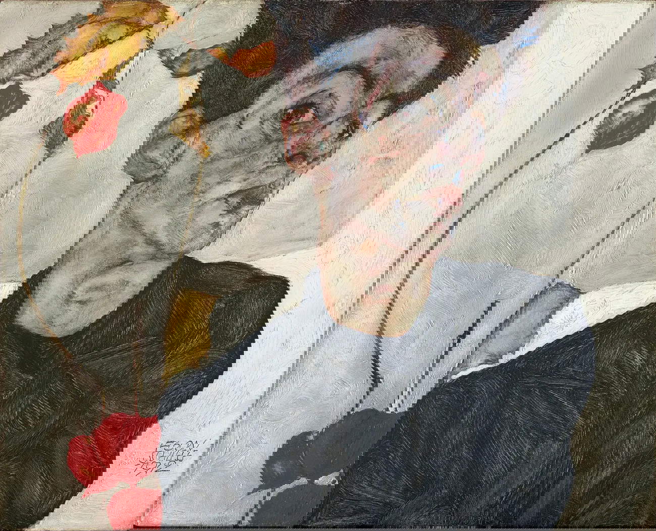 Egon Schiele, Autorretrato con Alchechengi (1912; óleo sobre tabla, 39,8 x 32,2 cm; Viena, Museo Leopold)