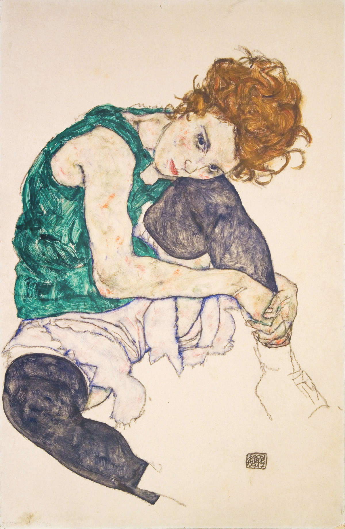 Egon Schiele, Sitzende Frau mit gebeugtem Knie (1917; Zeichnung; Prag, Nationalgalerie) Egon Schiele, Sitzende Frau mit gebeugtem Knie (1917; Zeichnung; Prag, Nationalgalerie)