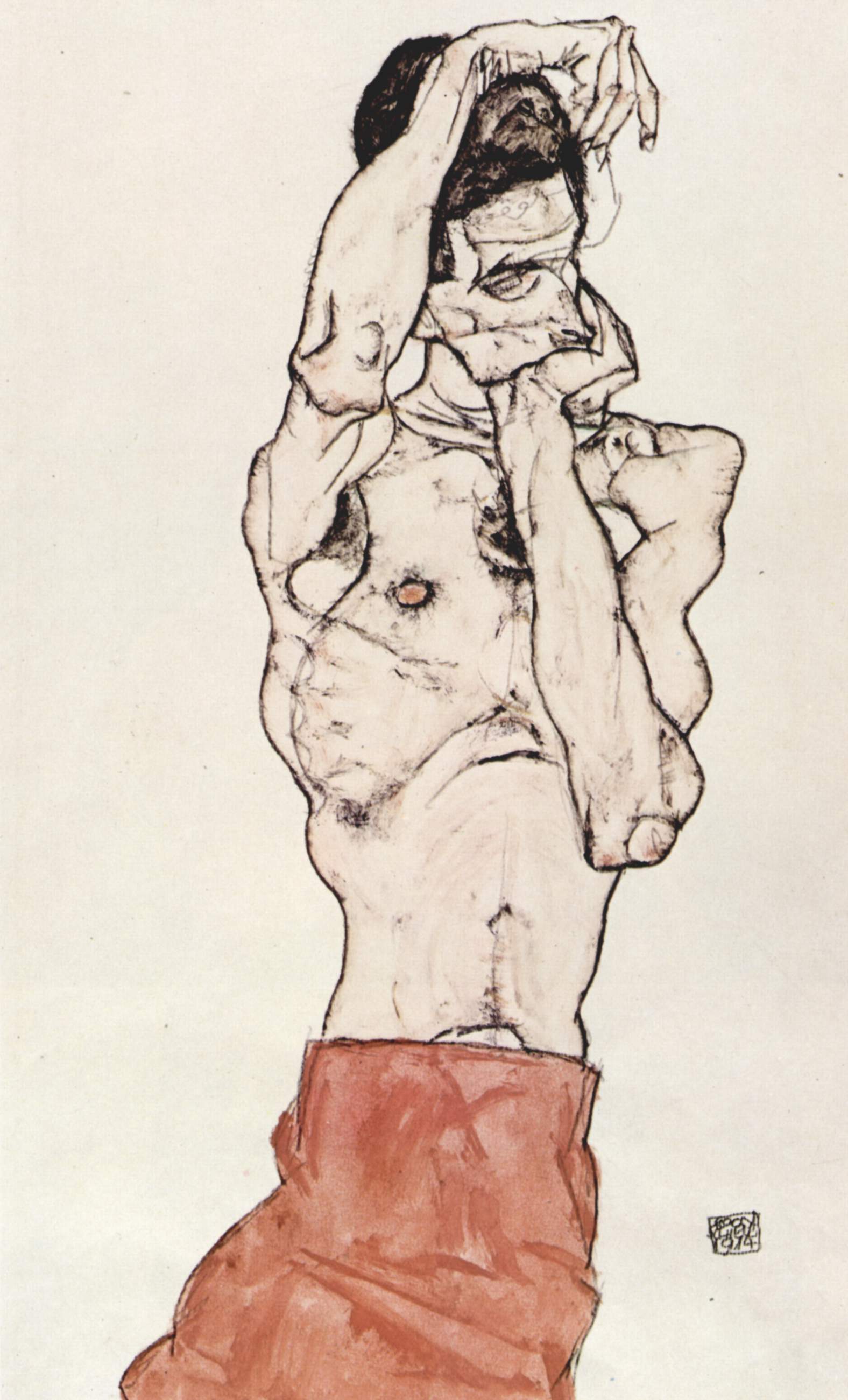 Egon Schiele, Männlicher Akt mit rotem Band um die Hüften (1914; Bleistift, Aquarell und Tempera auf Papier, 480 x 320 mm; Wien, Albertina) Egon Schiele, Männlicher Akt mit rotem Band um die Hüften (1914; Bleistift, Aquarell und Tempera auf Papier, 480 x 320 mm; Wien, Albertina)