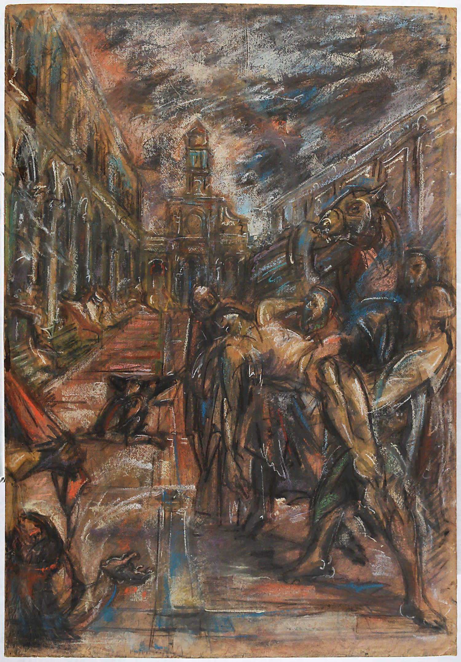 Emilio Vedova, Interpretazione dal trasporto di S. Marco dal Tintoretto (1936; pastello e carboncino su cartone, 99,8 x 69,5 cm; Venezia, Fondazione Emilio e Annabianca Vedova) Emilio Vedova, Interpretazione dal trasporto di S. Marco dal Tintoretto (1936; pastello e carboncino su cartone, 99,8 x 69,5 cm; Venezia, Fondazione Emilio e Annabianca Vedova)