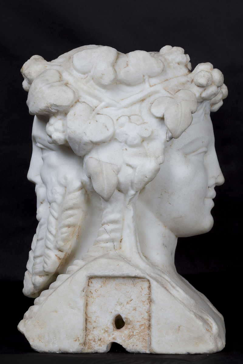 Two-faced herma depicting Dionysus and Ariadne, Roman Imperial Age from original 5th century BC, white marble, Agli&egrave; Castle.