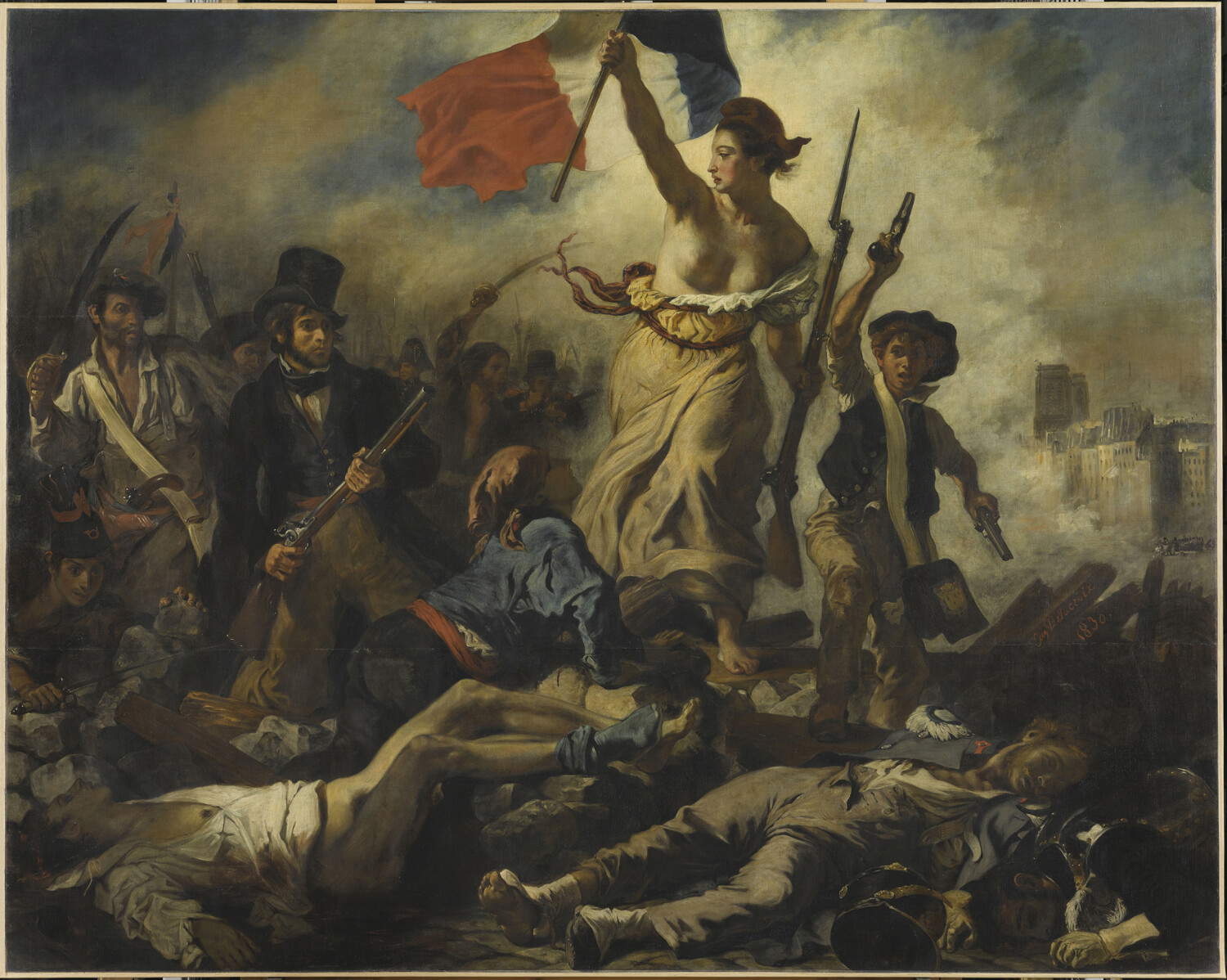 Eugène Delacroix, Liberty Leading the People (1830; oil on canvas, 260 x 325 cm; Paris, Louvre). Before restoration Eugène Delacroix, Liberty Leading the People (1830; oil on canvas, 260 x 325 cm; Paris, Louvre). Before restoration