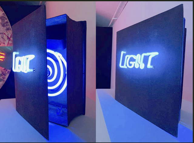 Federica Marangoni, Light, 2020, Buch aus Eisen mit blauem Neon-Interieur und Einband mit der Aufschrift LIGHT, mit freundlicher Genehmigung der Galerie C/E Contemporary Federica Marangoni, Light, 2020, Buch aus Eisen mit blauem Neon-Interieur und Einband mit der Aufschrift LIGHT, mit freundlicher Genehmigung der Galerie C/E Contemporary