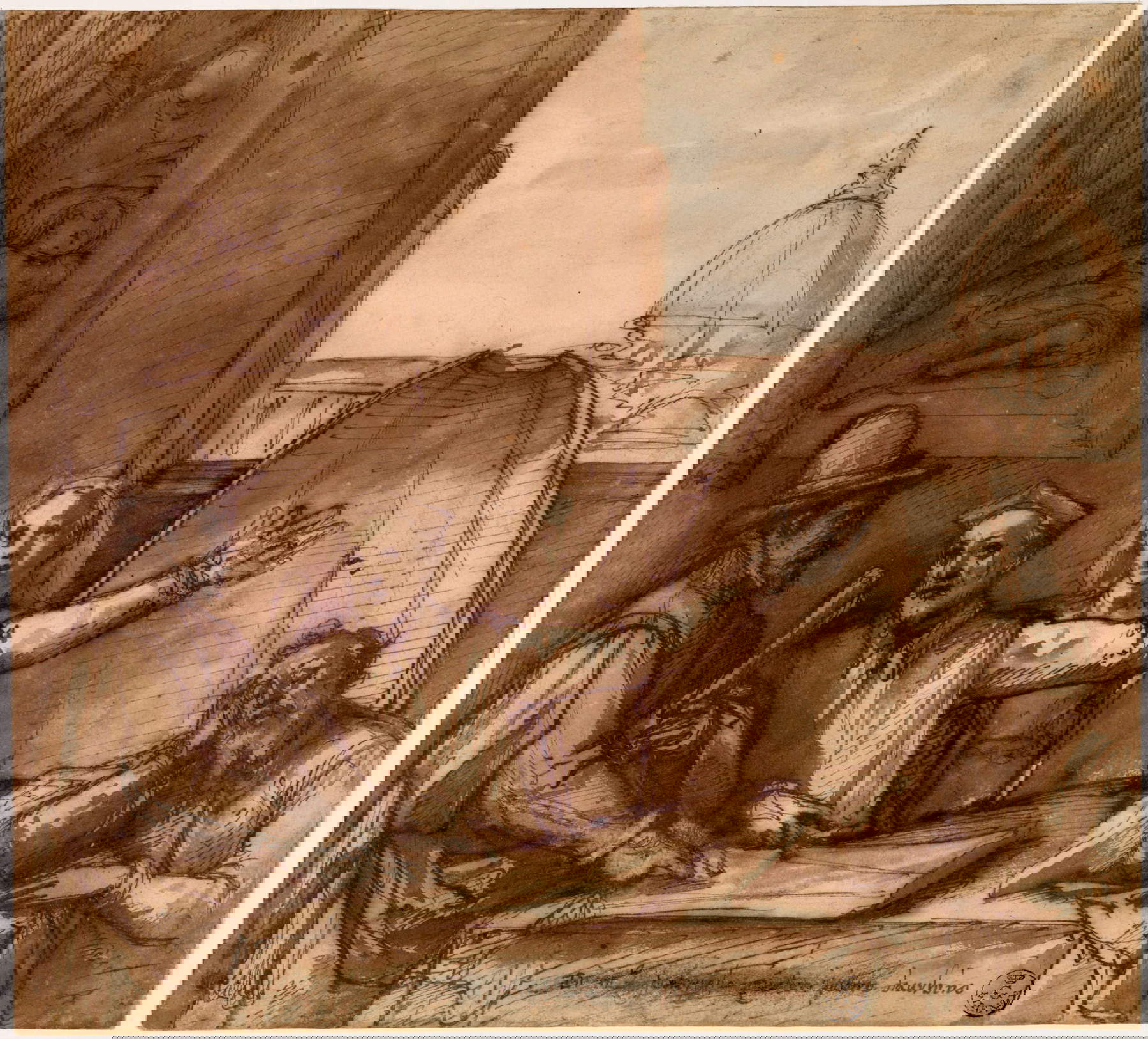 Federico Zuccari, <em>Federico Zuccari e Vincenzo Borghini discutono del progetto del progetto della decorazione della cupola di Santa Maria del Fiore alla presenza di Giorgio Vasari e di una figura femminile</em> (1579-80 circa; penna e inchiostro, pennello e inchiostro diluito, biacca, tracce di pietra nera, carta; Firenze, Gallerie degli Uffizi, Gabinetto dei Disegni e delle Stampe) Federico Zuccari, Federico Zuccari und Vincenzo Borghini besprechen den Entwurf für die Dekoration der Kuppel von Santa Maria del Fiore in Anwesenheit von Giorgio Vasari und einer weiblichen Figur (um 1579-80; Feder und Tinte, verdünnte Pinsel und Tinte, weißes Blei, Spuren von schwarzem Stein, Papier; Florenz, Uffizien, Kabinett der Zeichnungen und Drucke)