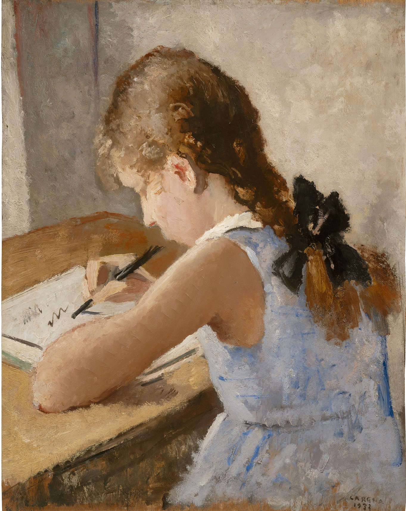 Felice Carena, Ritratto di Donatella (Donatella che scrive) (1933; olio su tavola, 63 x 49 cm; Collezione Giovanna Delfini). Foto: C. Giusti
